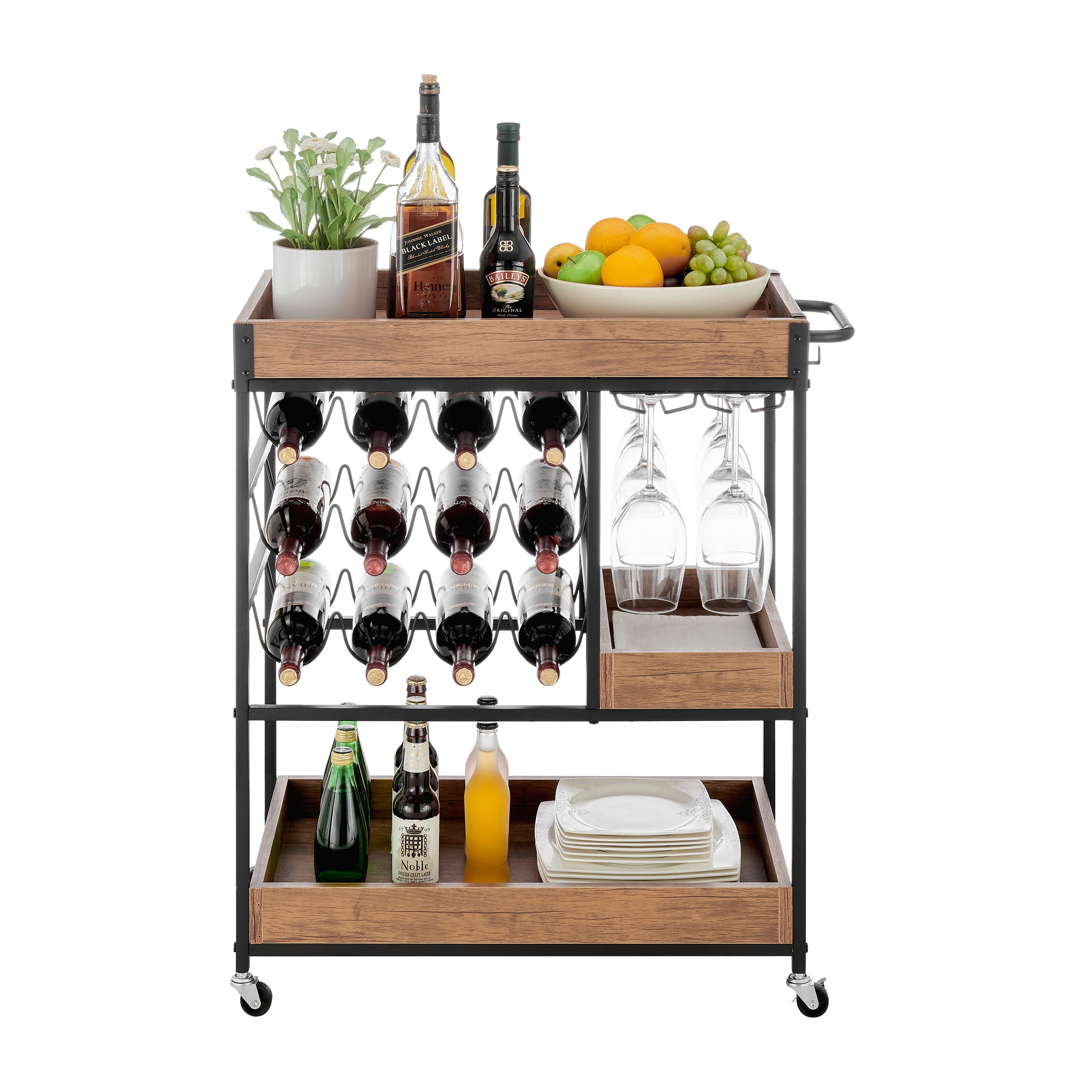 Rustic Walnut Veneer and Metal Rolling Farmhouse Wine Bar Cart with Wine Bottle and Glass Rack