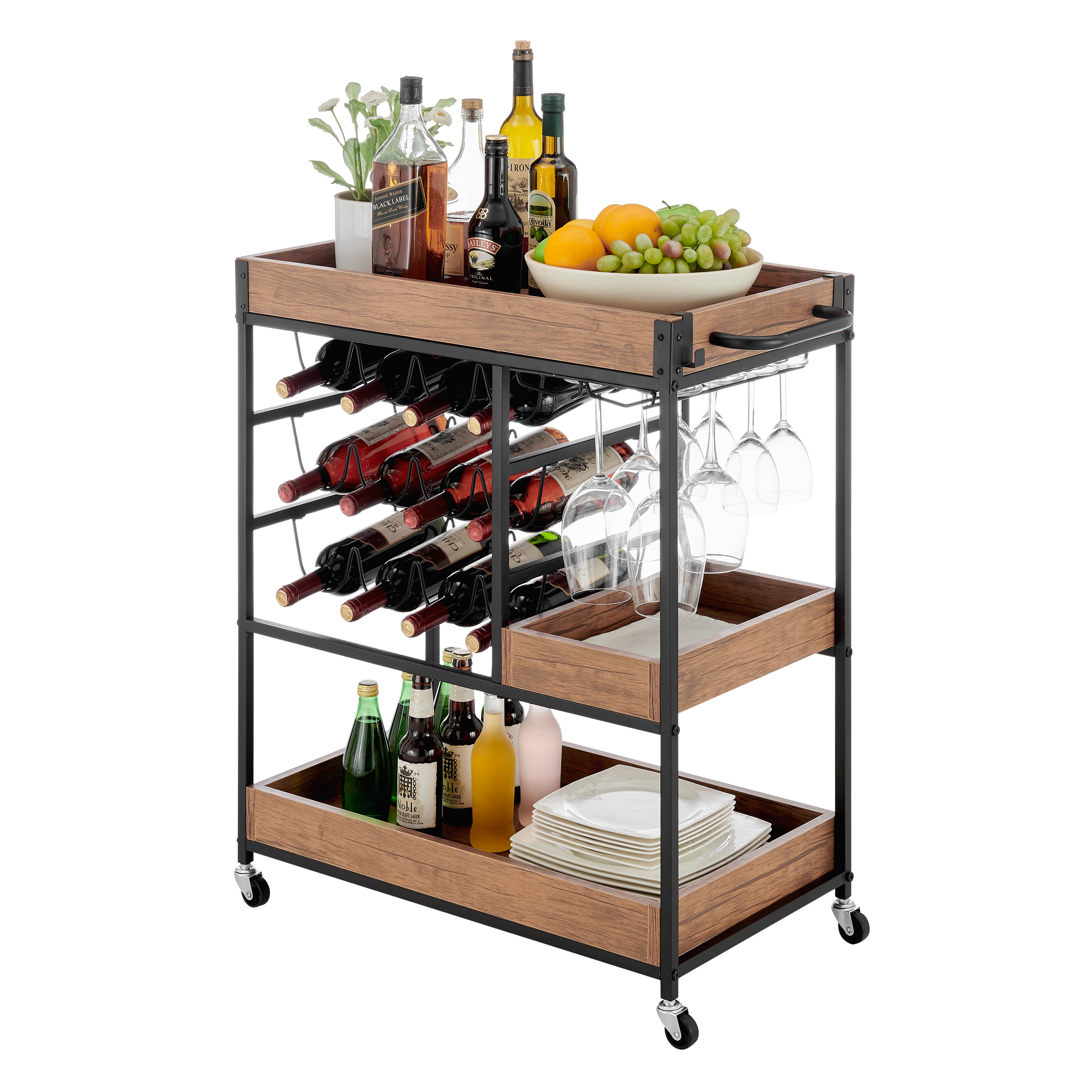 Rustic Walnut Veneer and Metal Rolling Farmhouse Wine Bar Cart with Wine Bottle and Glass Rack