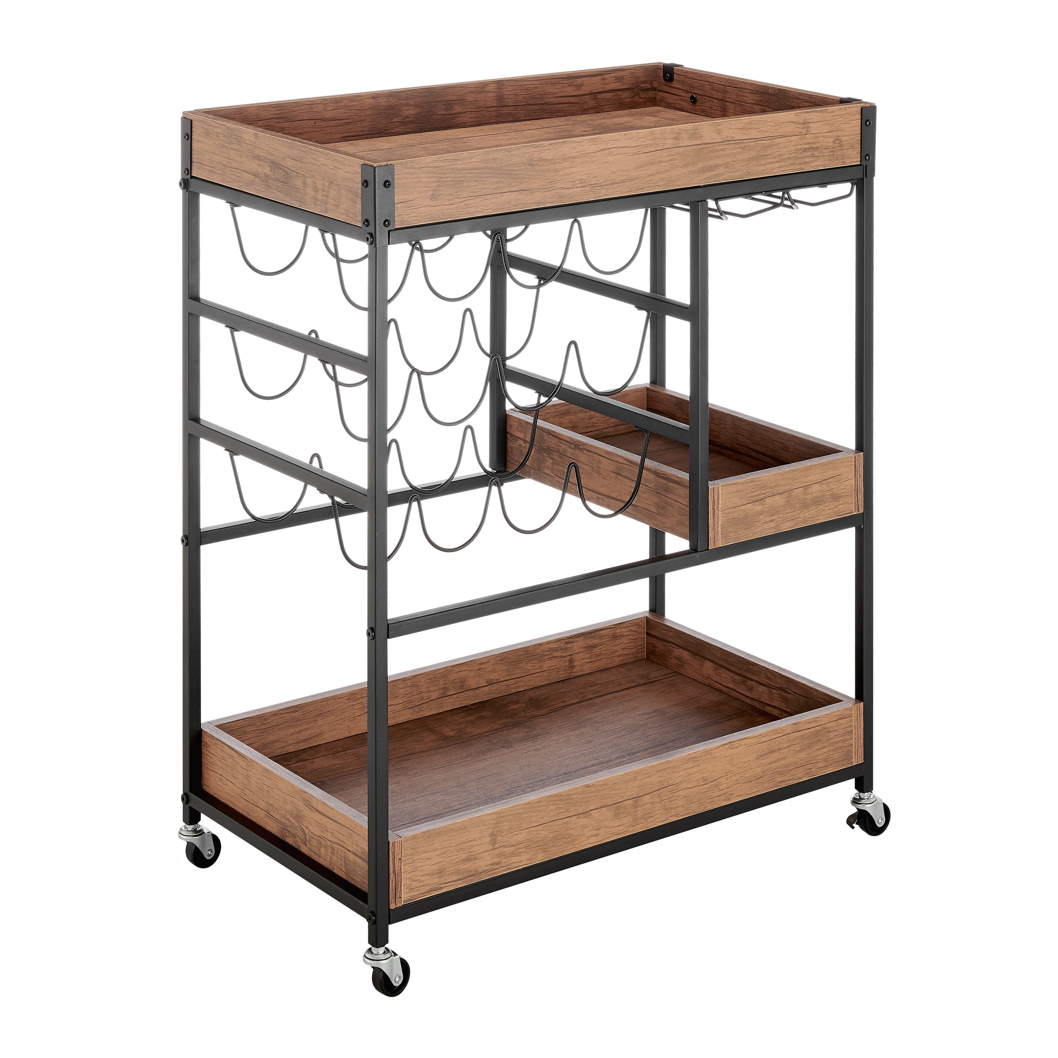 Rustic Walnut Veneer and Metal Rolling Farmhouse Wine Bar Cart with Wine Bottle and Glass Rack