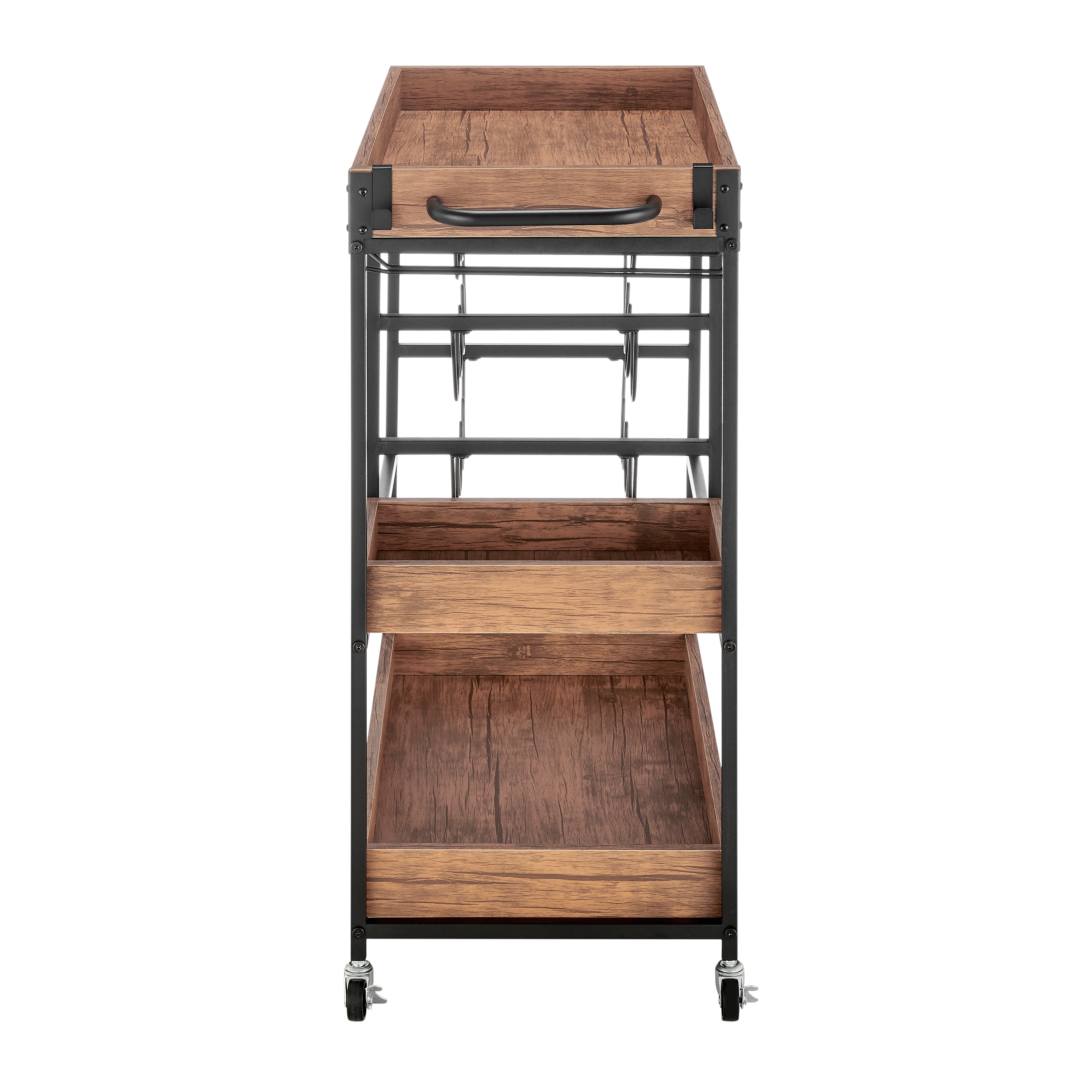 Rustic Walnut Veneer and Metal Rolling Farmhouse Wine Bar Cart with Wine Bottle and Glass Rack