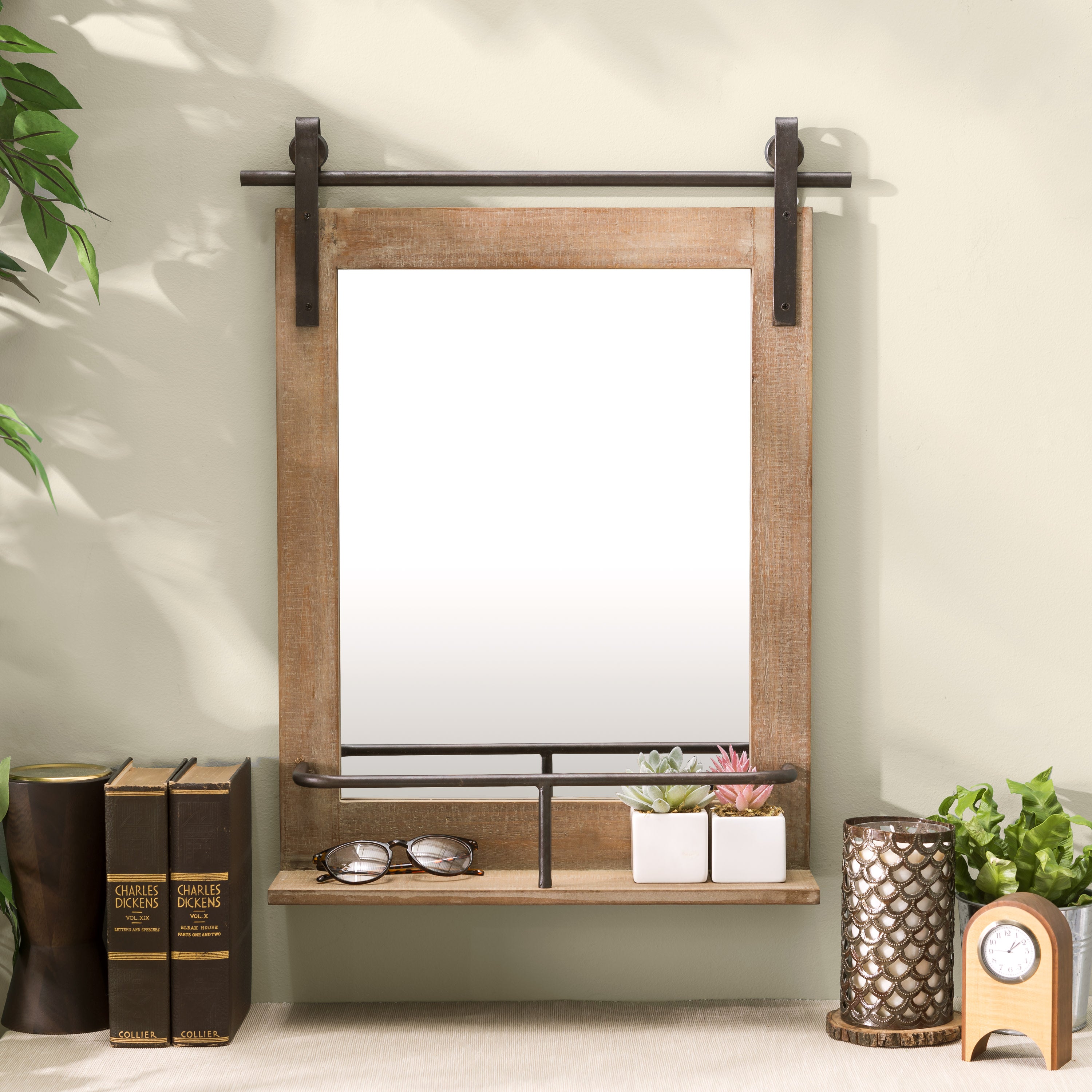 Rustic Industrial Wood-Framed Wall Mount Barn Door Vanity Mirror with Shelf and Iron Hardware