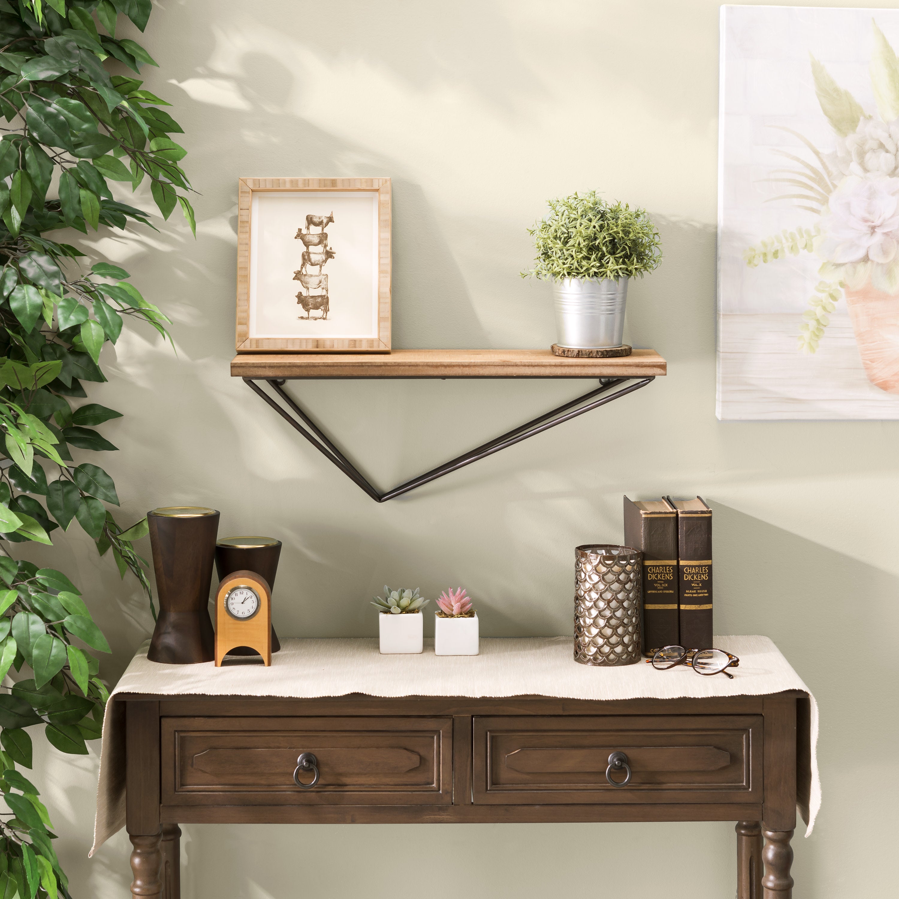 Rustic Wall Mount Pine Wood Floating Display Shelf with Diamond-Shaped Asymmetrical Iron Bracket