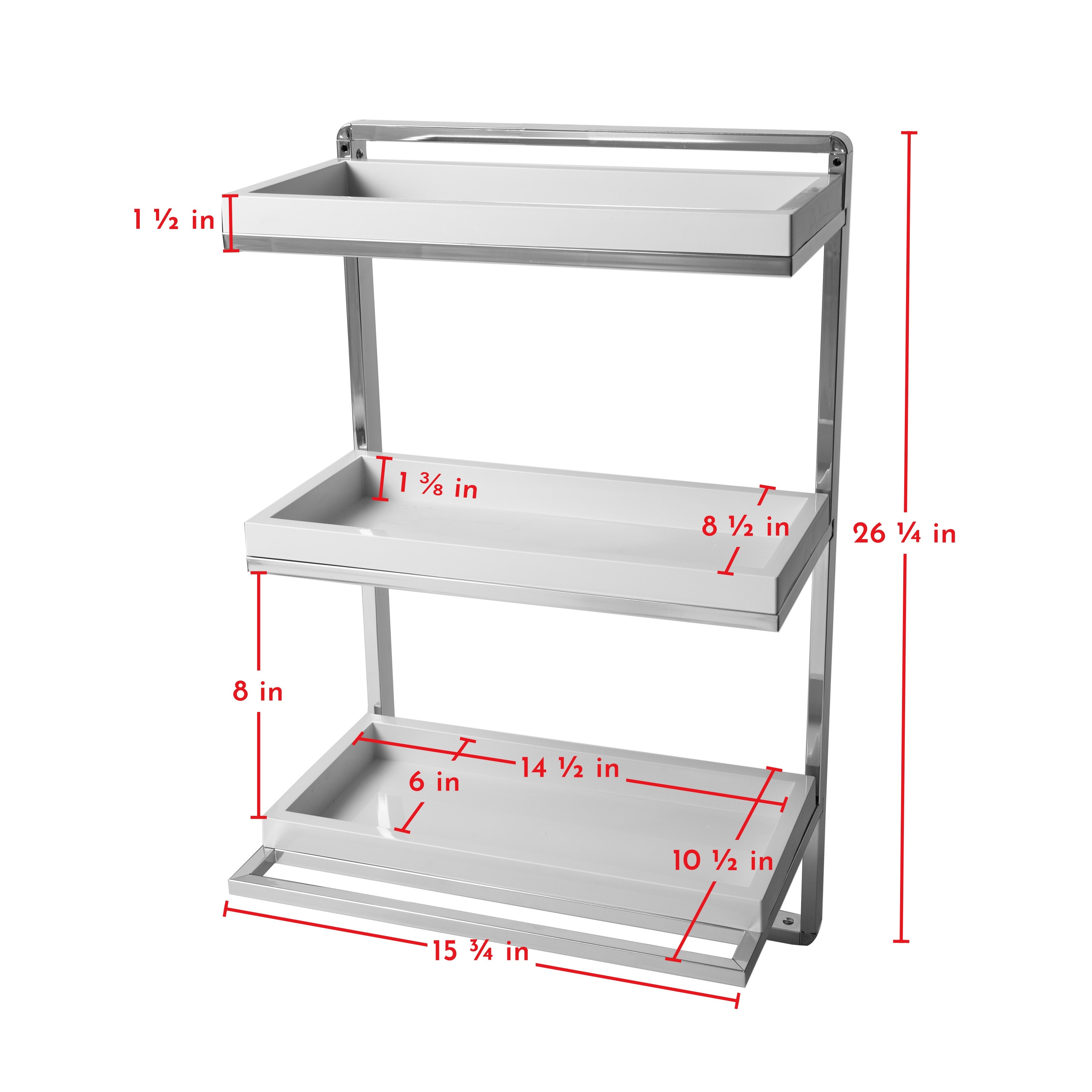 Wall Mount 3-Tier White and Chrome Bathroom Shelf with Towel Bar and Removable Trays