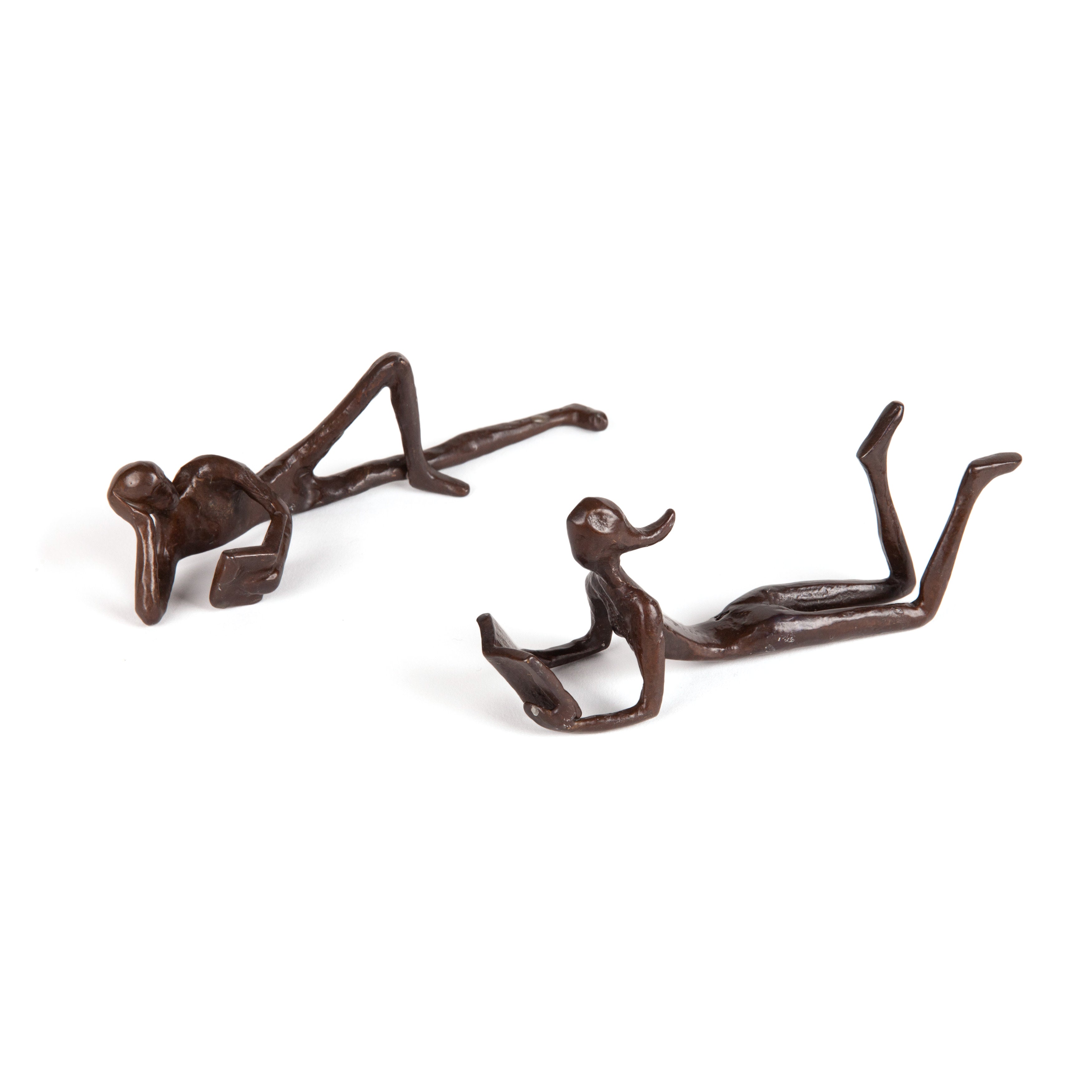 Man and Woman Leisurely Reading a Book Bronze Sculptures Metal Shelf Décor (2 piece set)