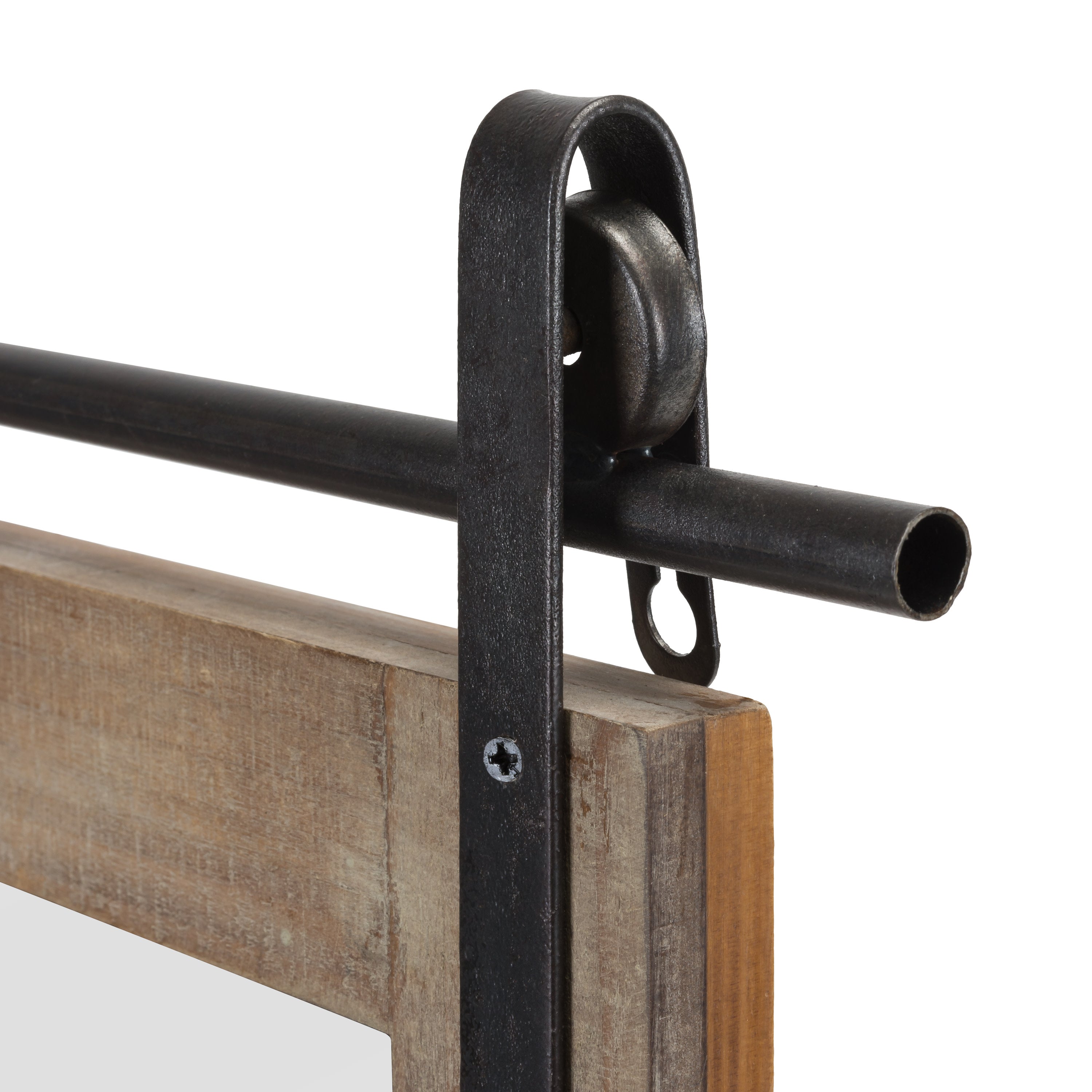 Rustic Industrial Wood-Framed Wall Mount Barn Door Vanity Mirror with Shelf and Iron Hardware