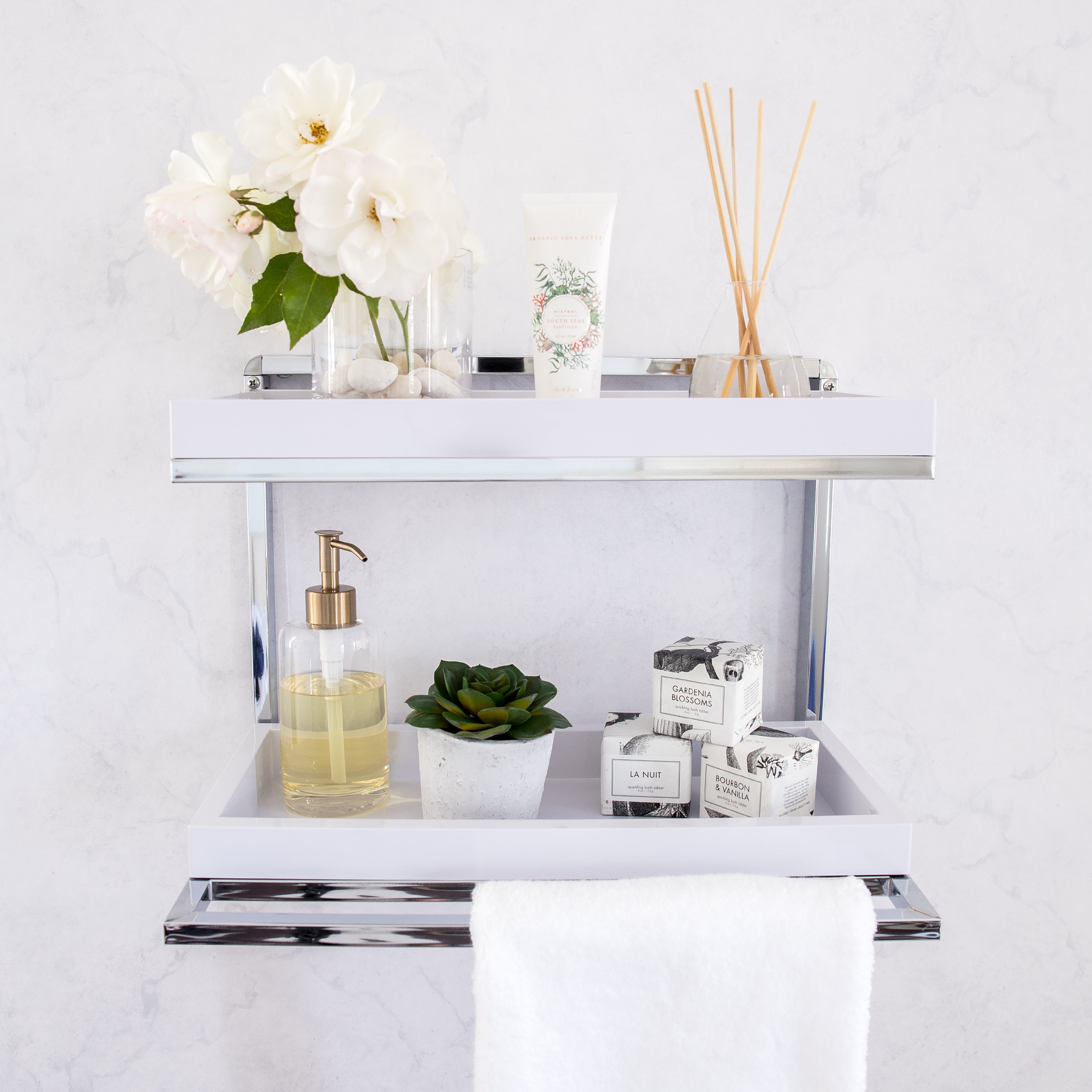 Wall Mount 2-Tier Chrome Shelving Unit with Towel Rack and 2 White Removable Trays