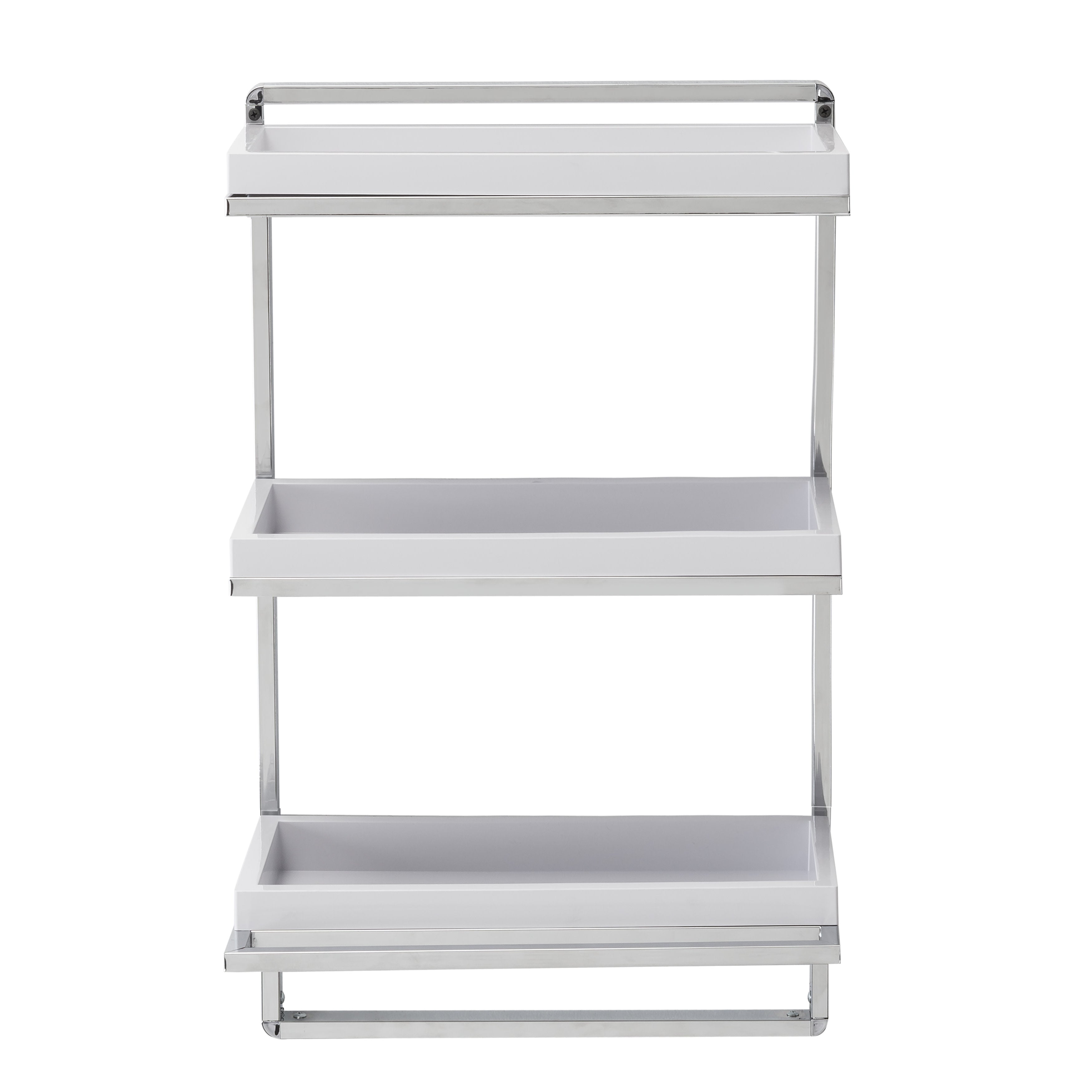Wall Mount 3-Tier White and Chrome Bathroom Shelf with Towel Bar and Removable Trays