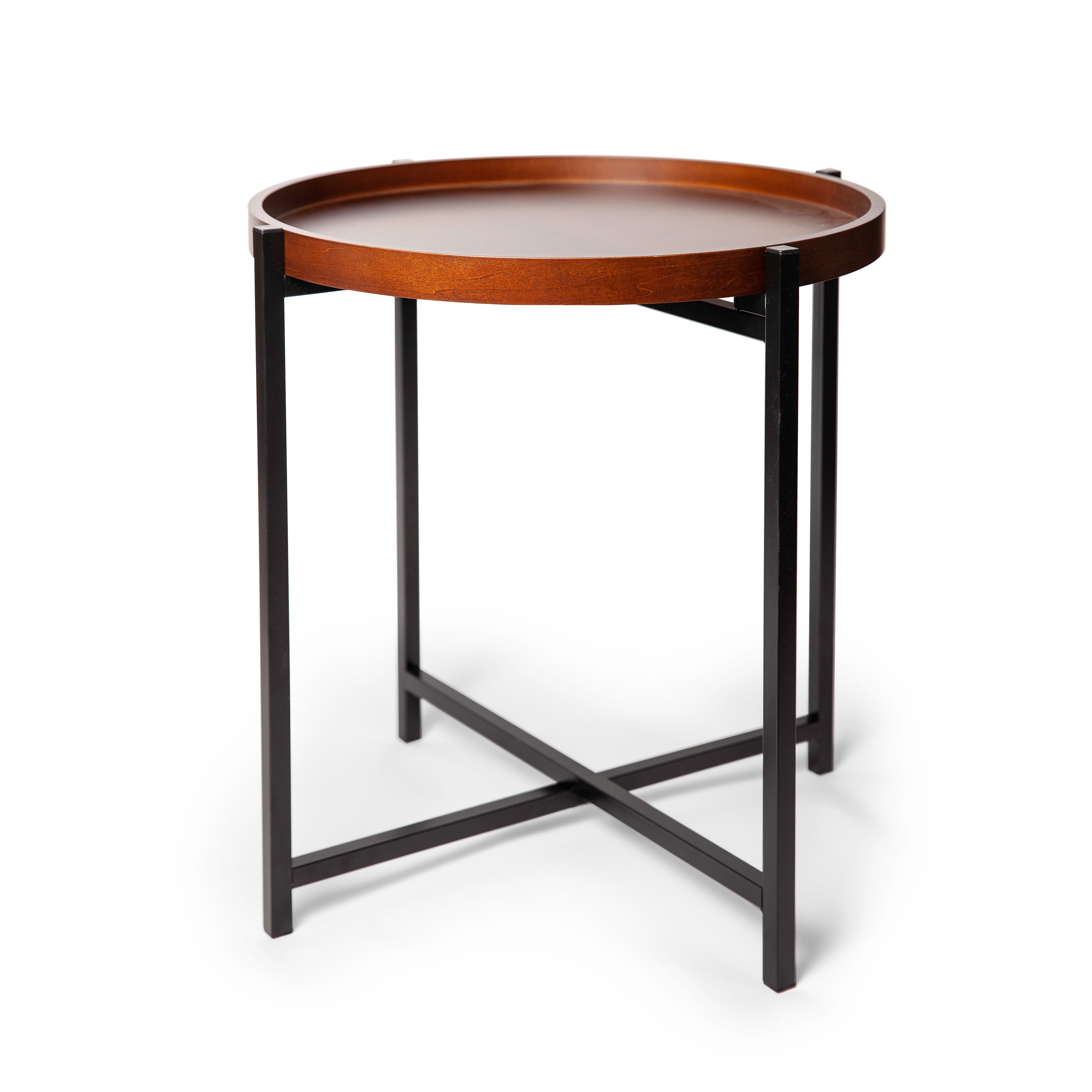 Mid-century Modern Round Side Table with Removable Wood Tray