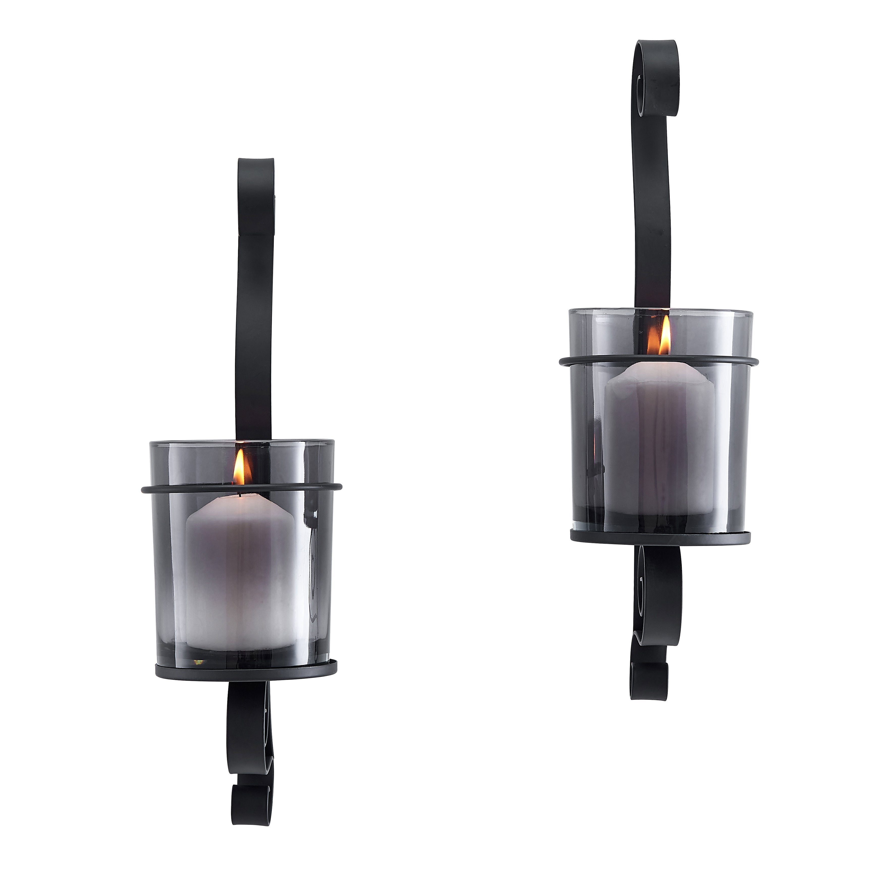 Danya B. Vintage Black Wall Sconce Candle Holder Set (2) with Smoke Glass Hurricanes
