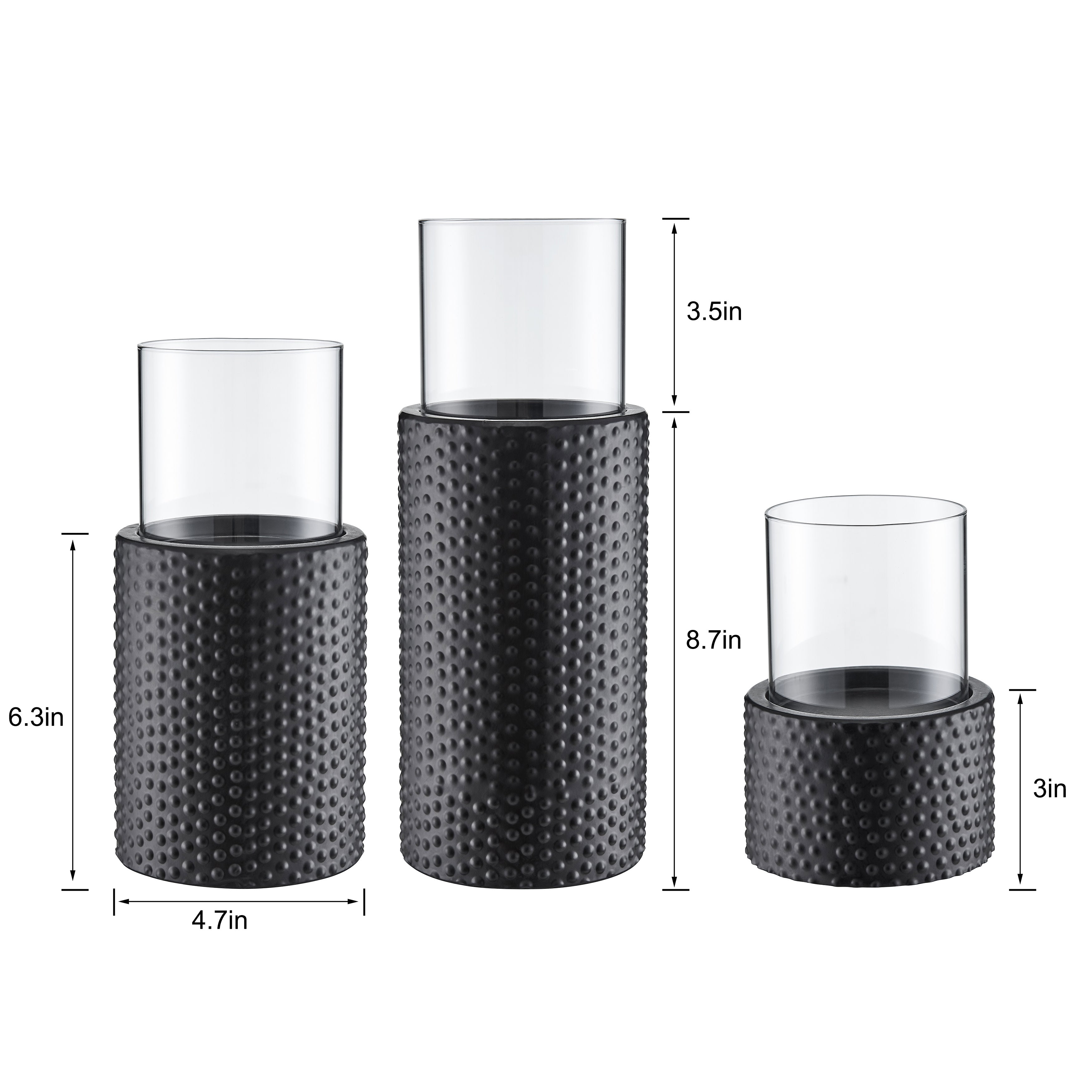 Danya B. Contemporary Candle Holder Set (3) With Clear Glass Hurricanes And Textured Metal Base