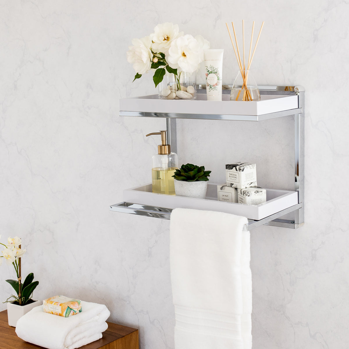 Wall Mount 3-Tier White and Chrome Bathroom Shelf with Towel Bar and R –  Danya B.