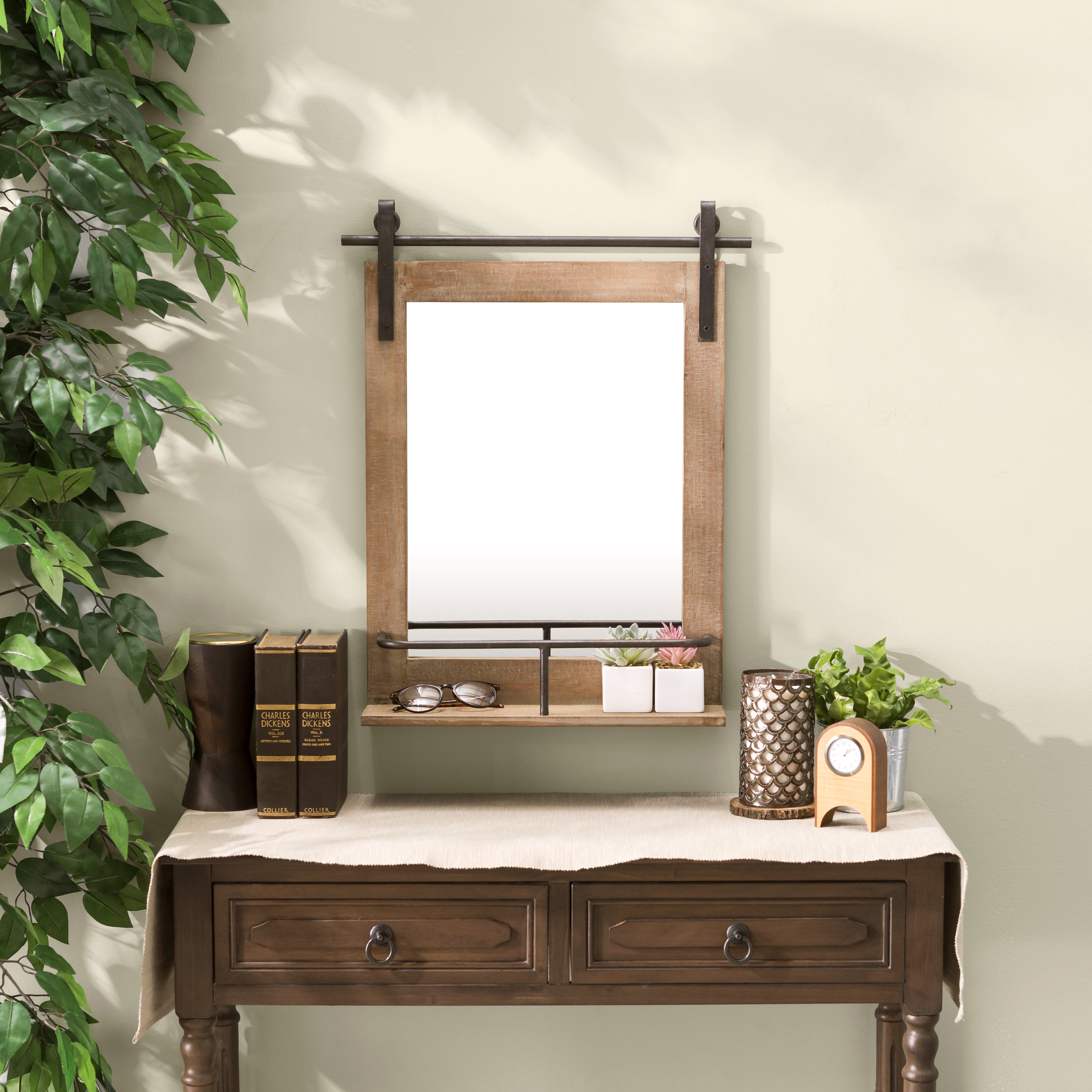 Rustic Industrial Wood-Framed Wall Mount Barn Door Vanity Mirror with Shelf and Iron Hardware
