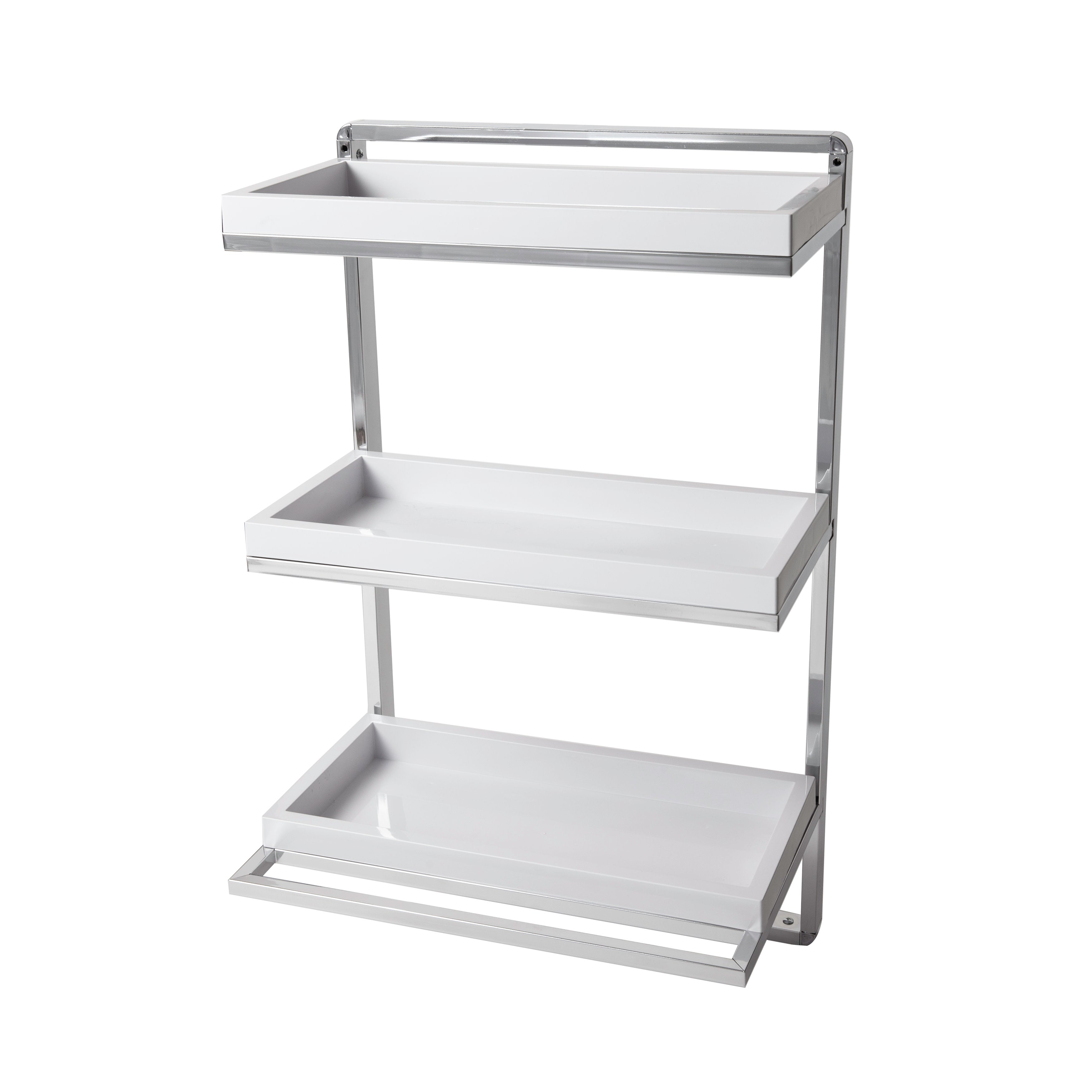 Wall Mount 3-Tier White and Chrome Bathroom Shelf with Towel Bar and Removable Trays