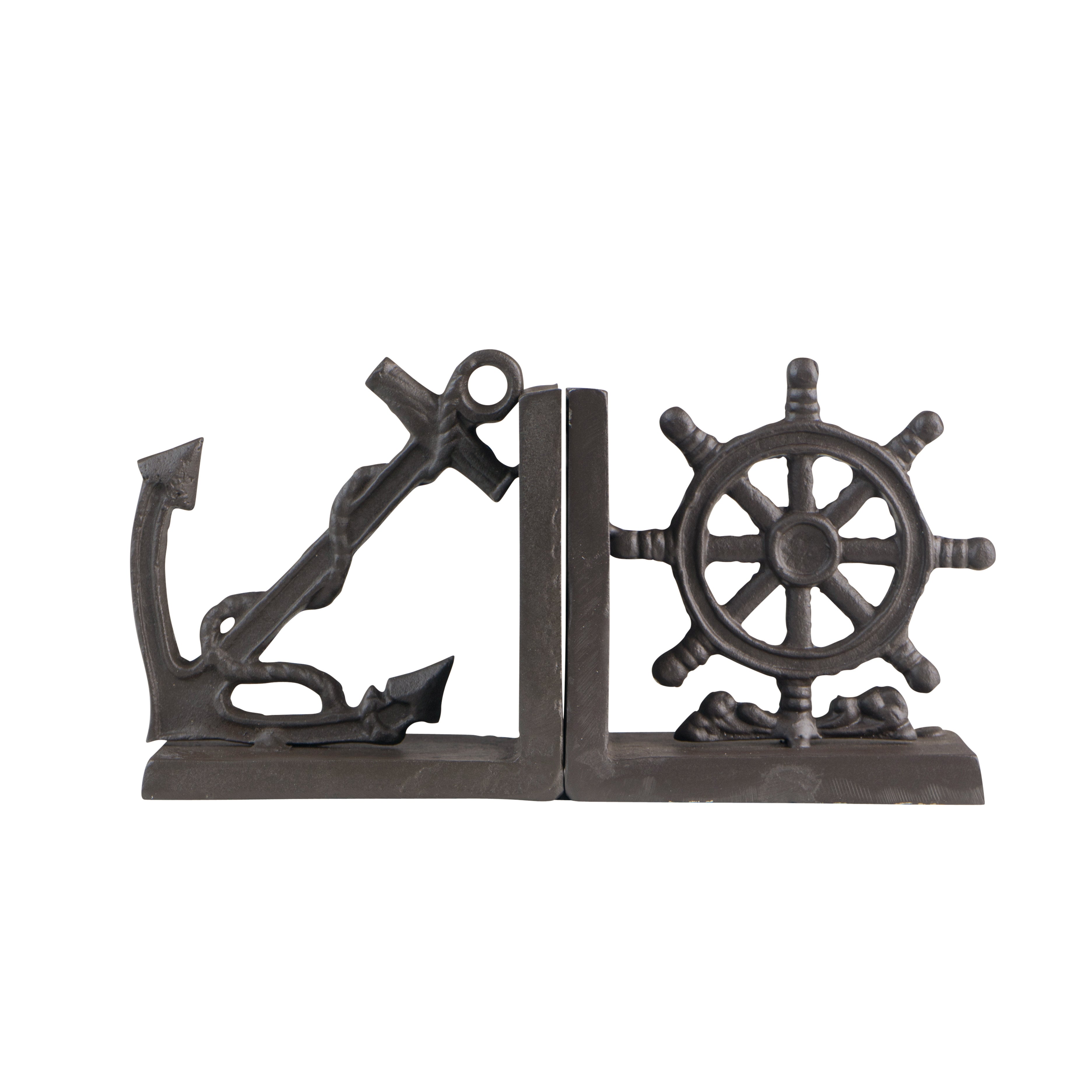 Nautical Anchor and Ship's Wheel Iron Bookend Set