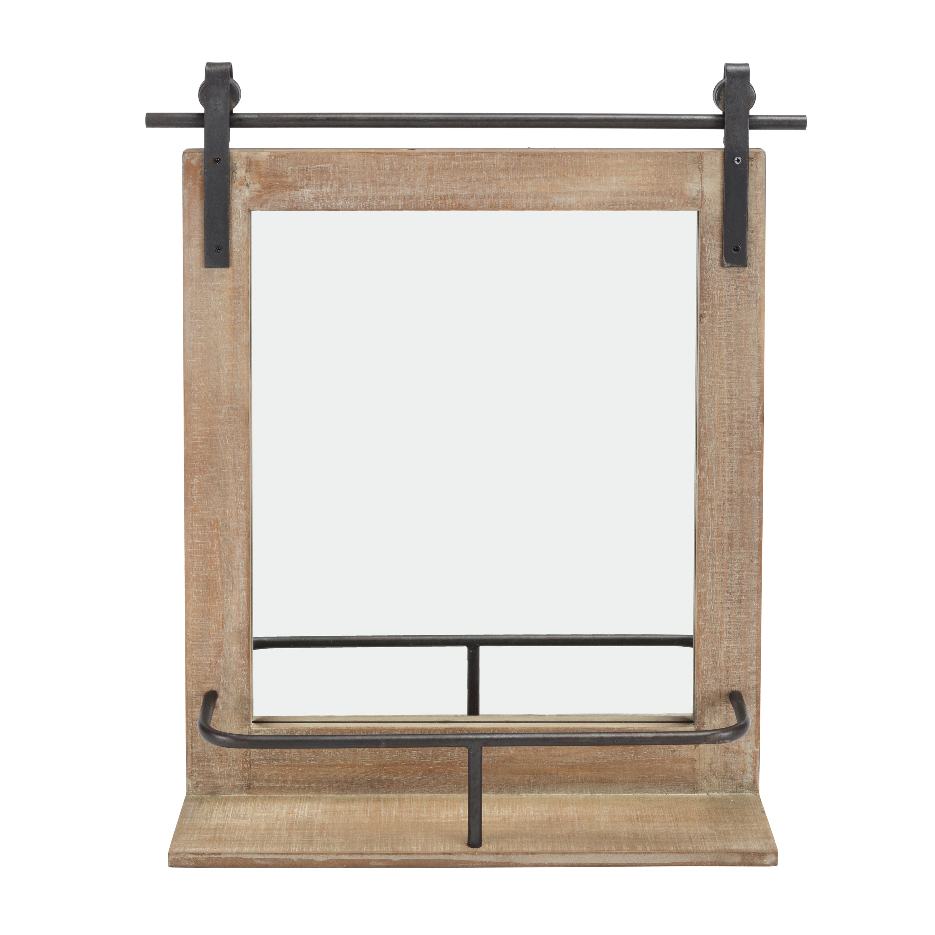 Rustic Industrial Wood-Framed Wall Mount Barn Door Vanity Mirror with Shelf and Iron Hardware