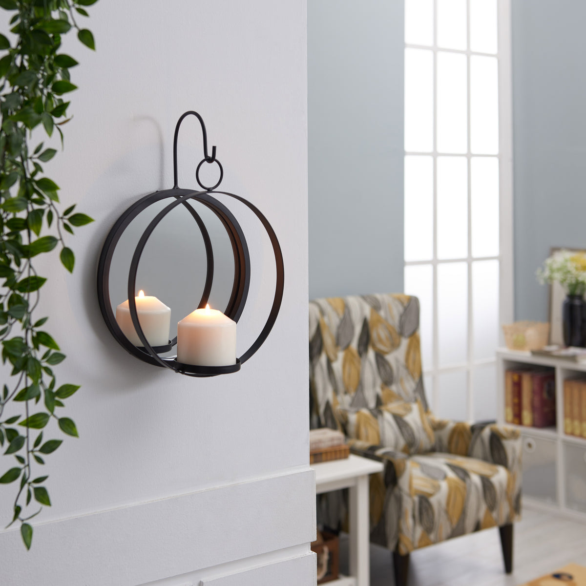 Round Wrought Iron Pillar Candle Sconce with Mirror – Rustic Metal Han –  Danya B.