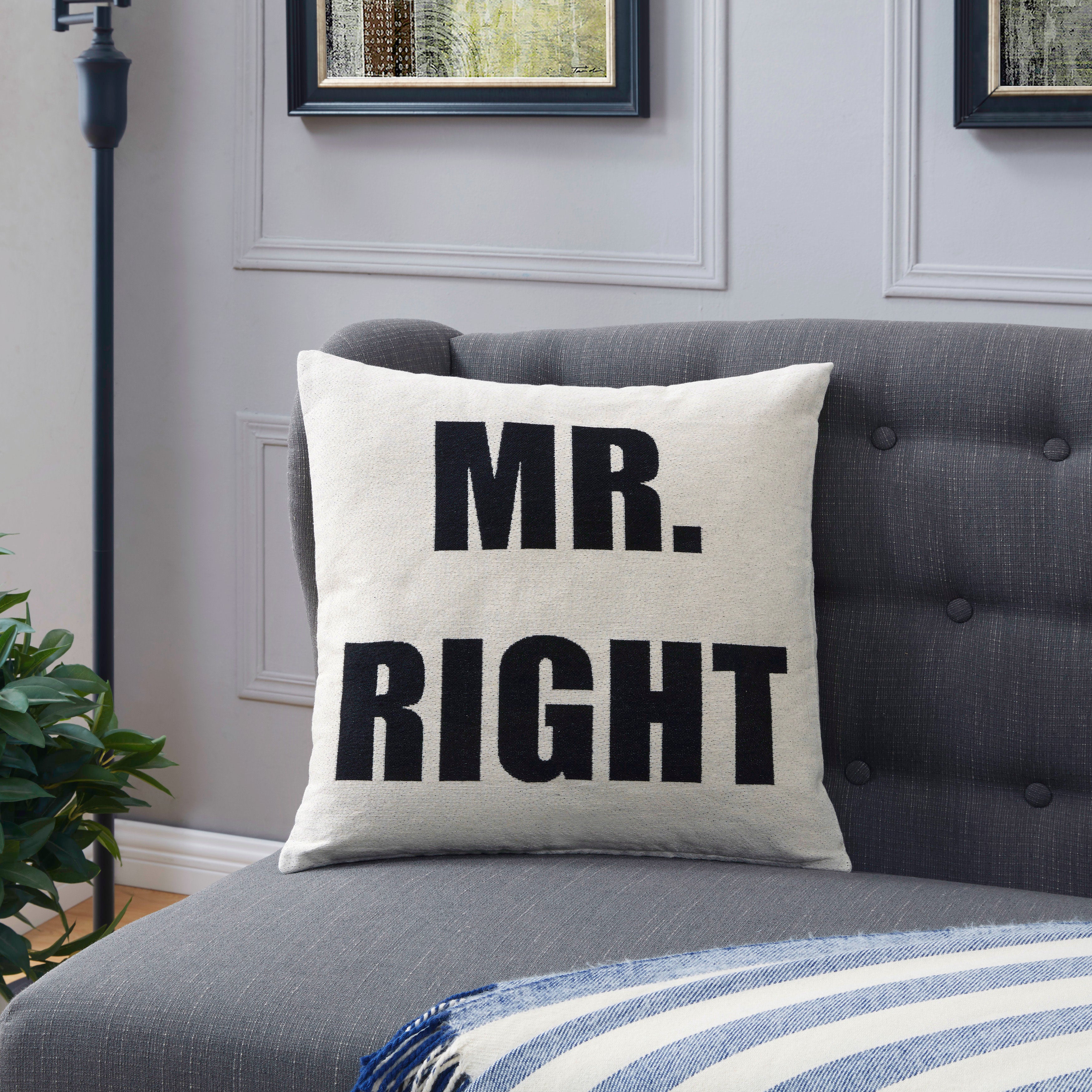 Mr. Right White Cotton Jacquard Printed Decorative Toss Throw Accent Pillow