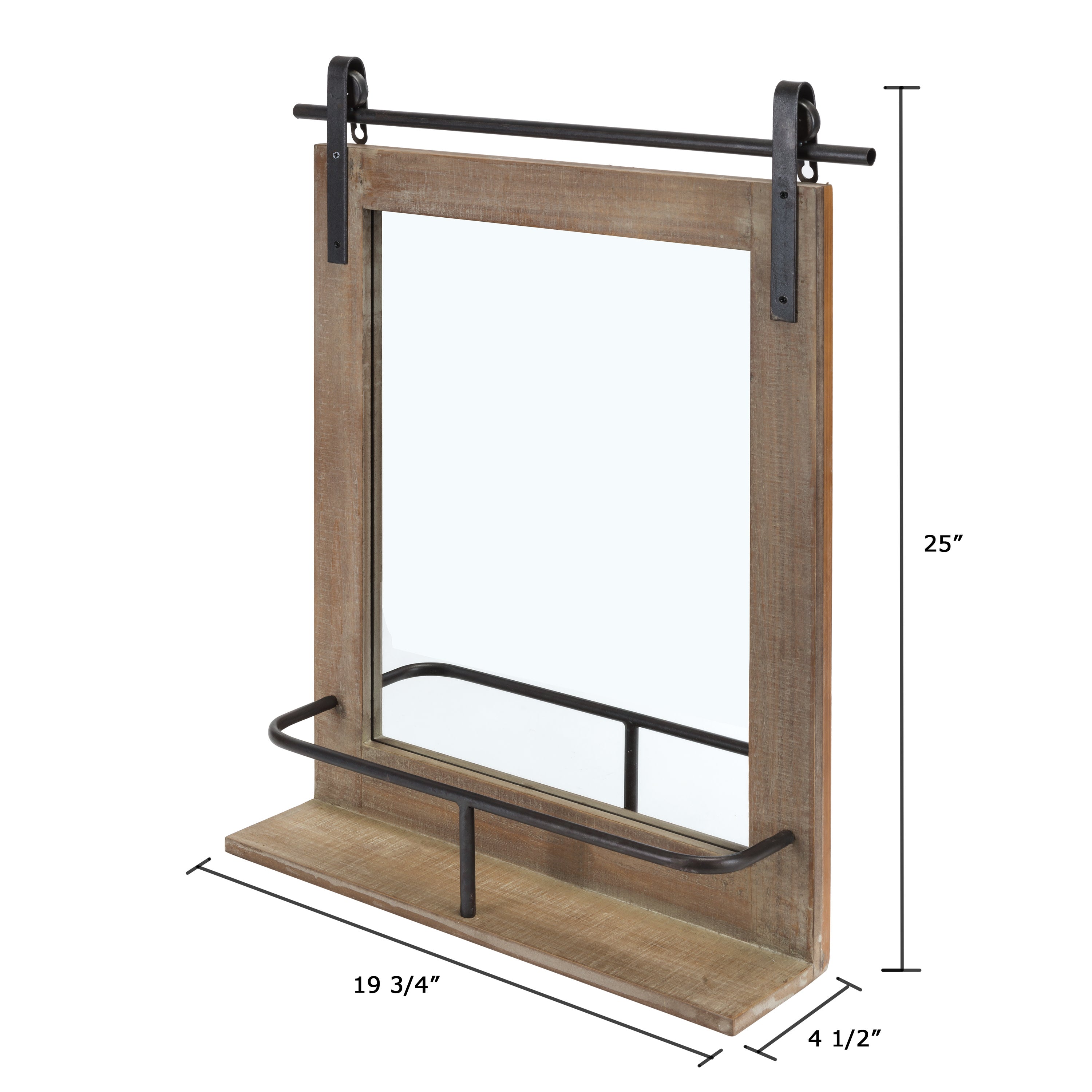 Rustic Industrial Wood-Framed Wall Mount Barn Door Vanity Mirror with Shelf and Iron Hardware