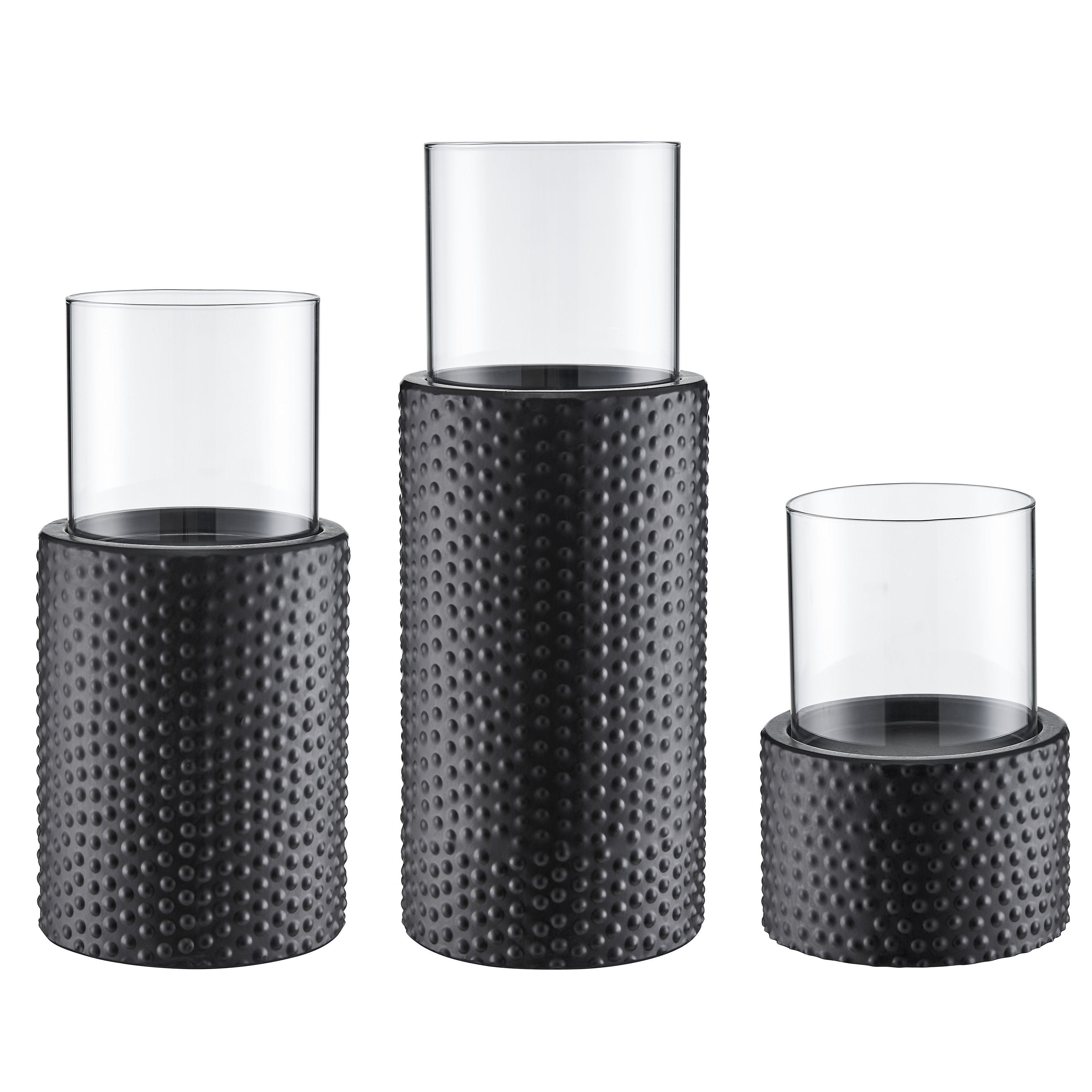 Danya B. Contemporary Candle Holder Set (3) With Clear Glass Hurricanes And Textured Metal Base