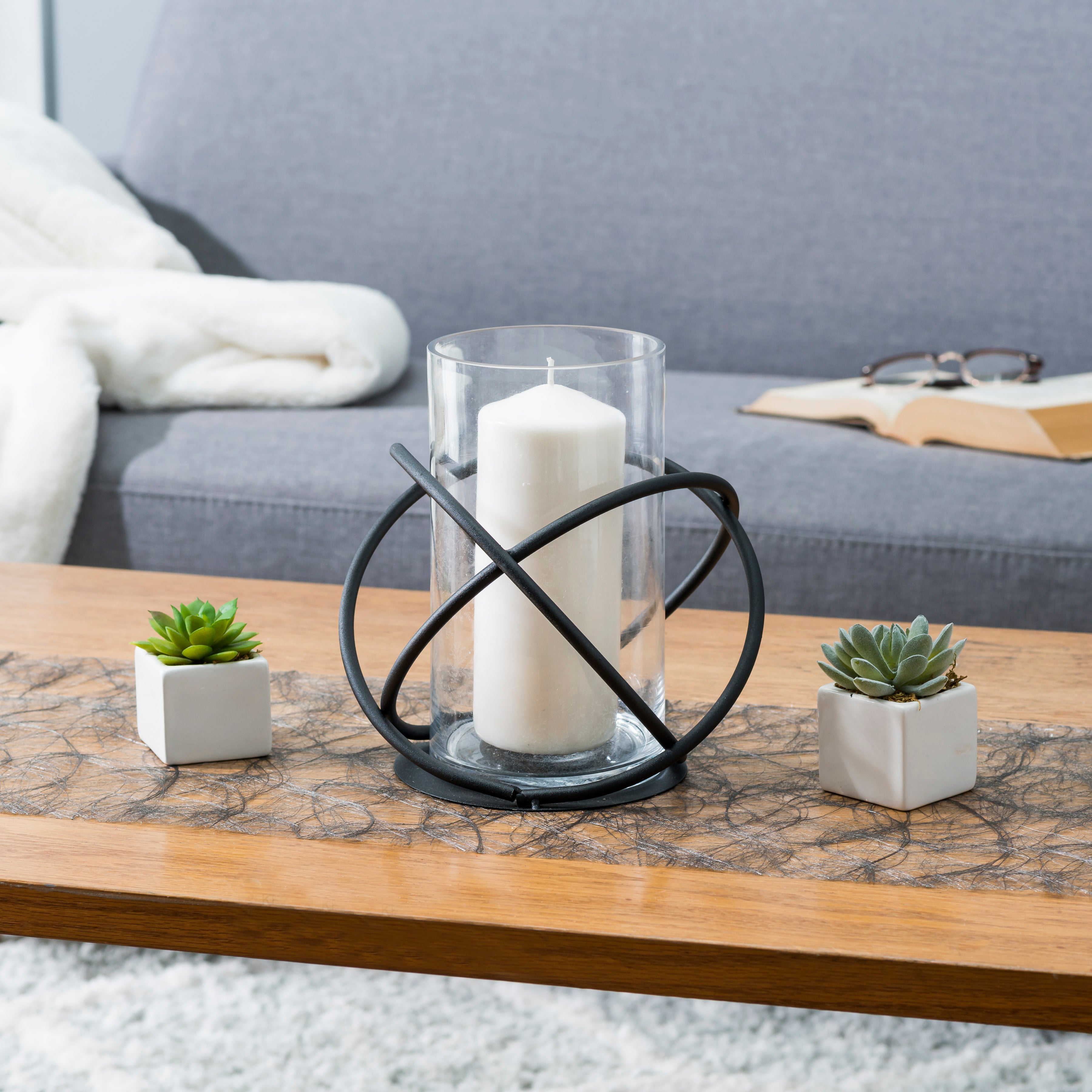 Large Metal and Glass Orbits Hurricane Candleholder