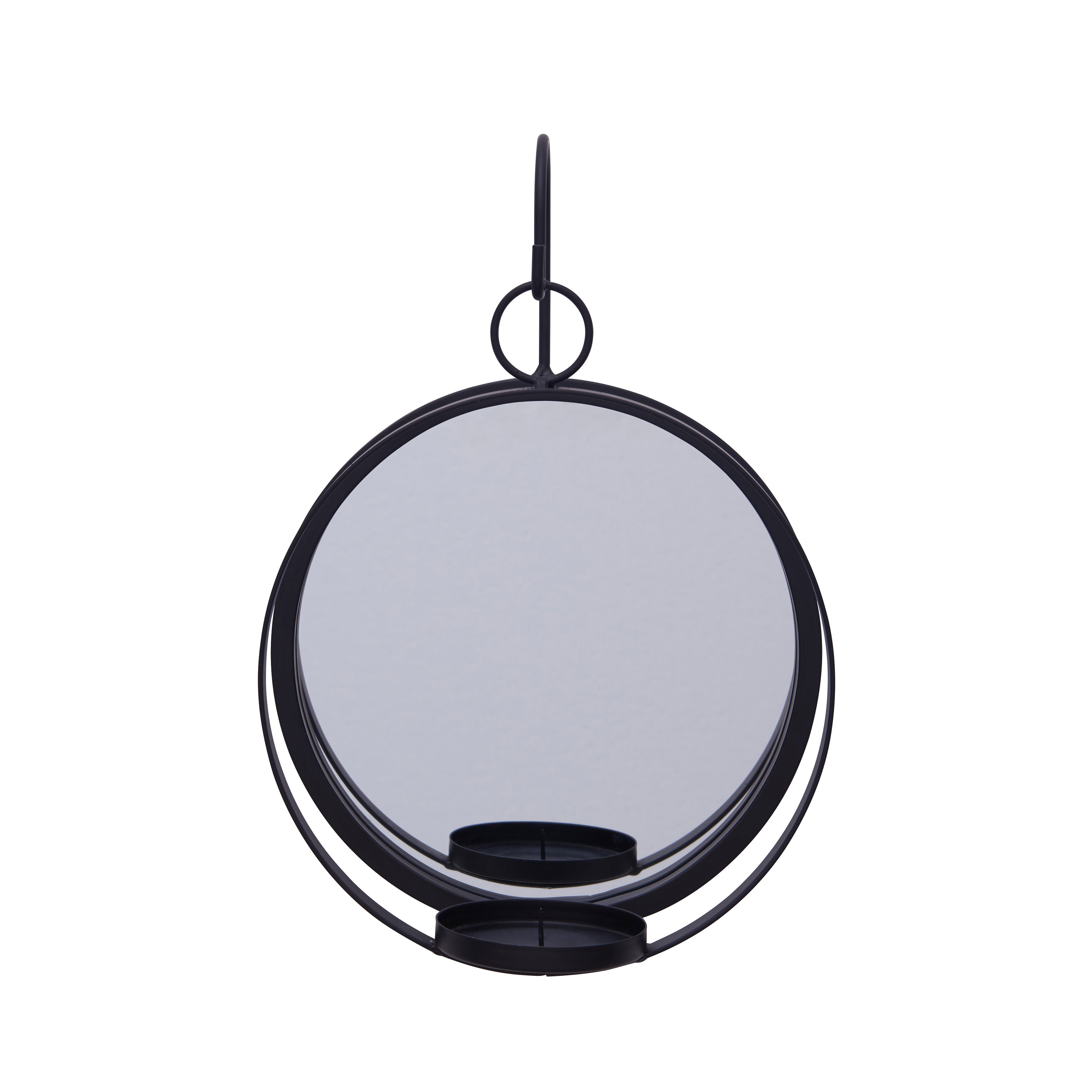 Round Wrought Iron Pillar Candle Sconce with Mirror – Rustic Metal Hanging Wall Candleholder