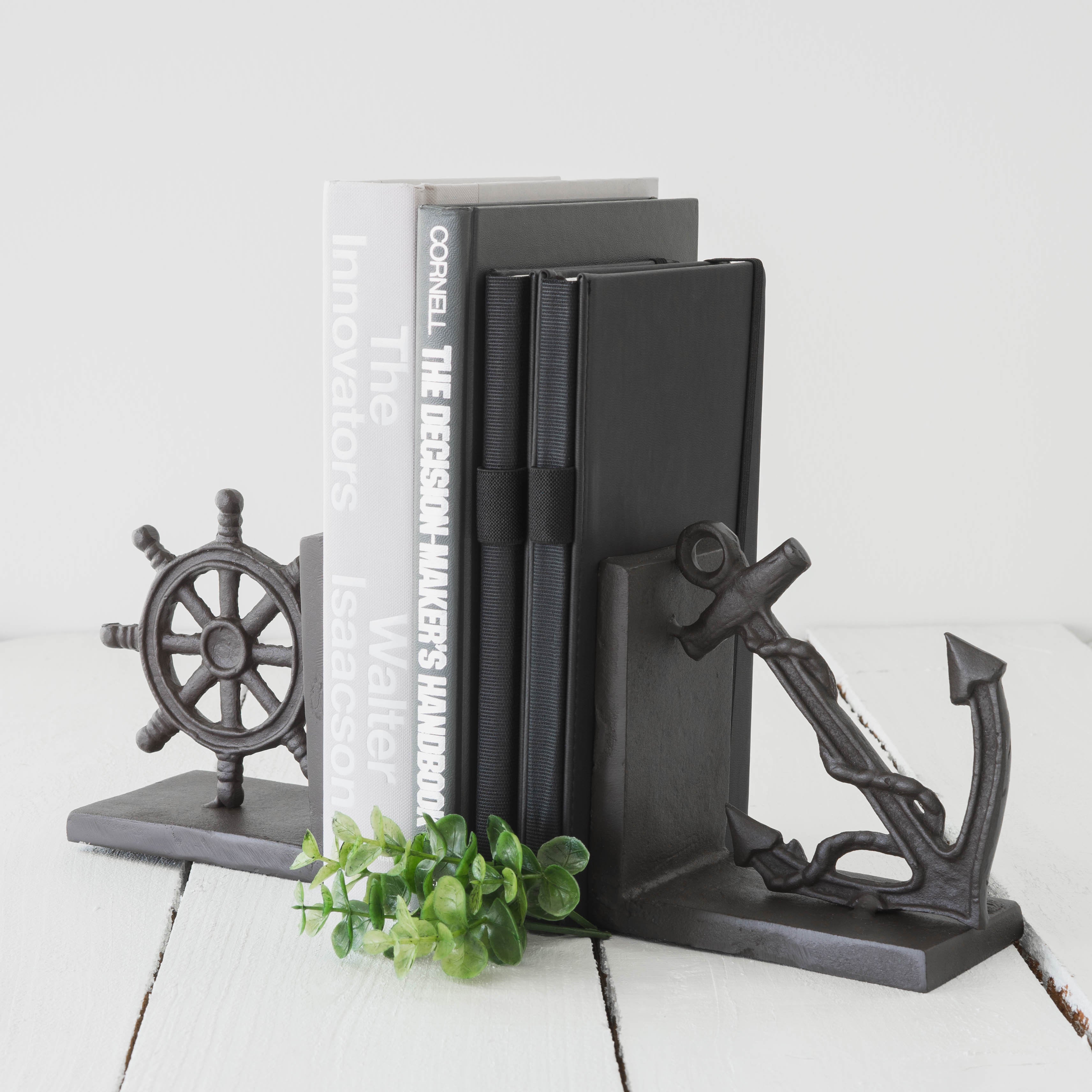 Nautical Anchor and Ship's Wheel Iron Bookend Set
