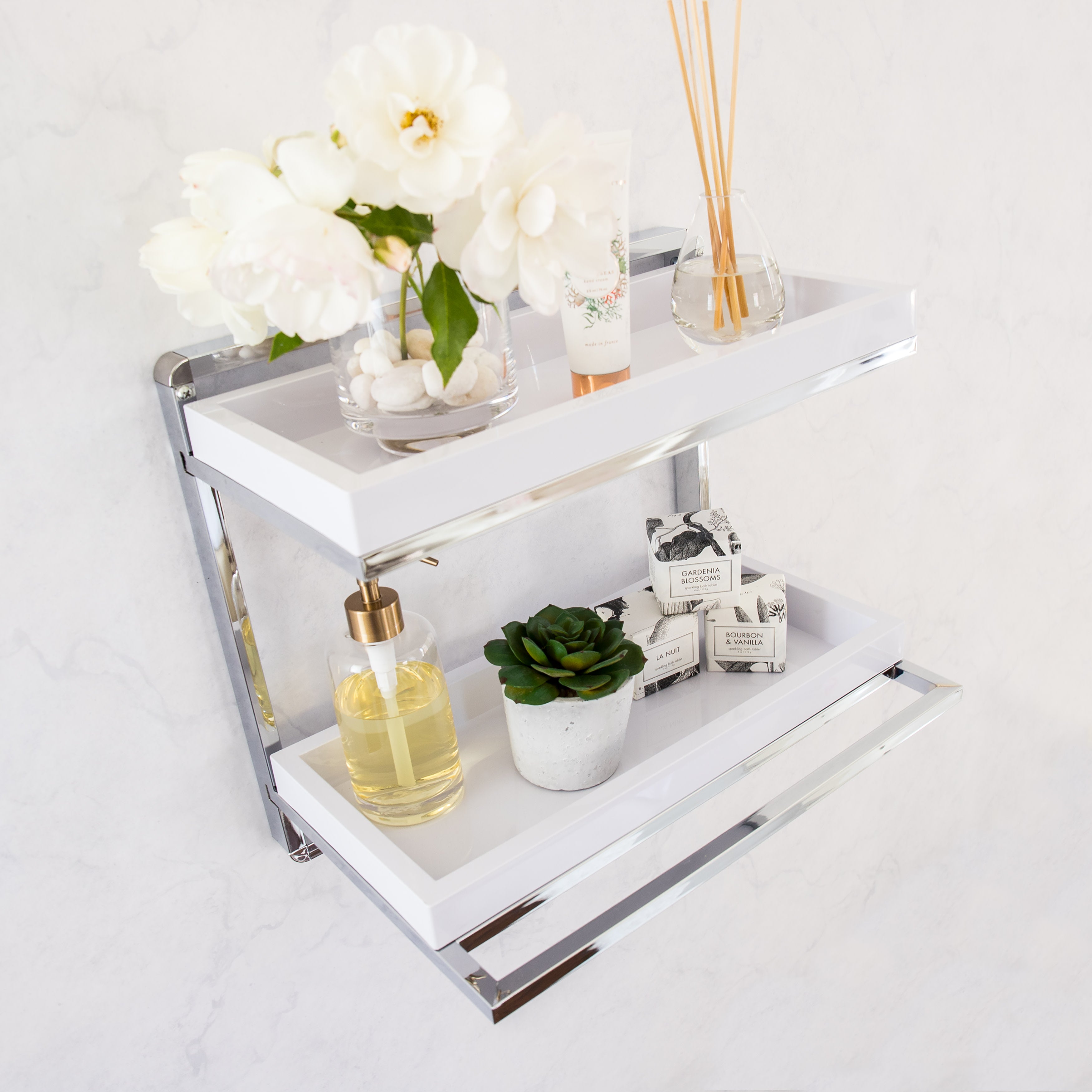 Wall Mount 2-Tier Chrome Shelving Unit with Towel Rack and 2 White Removable Trays