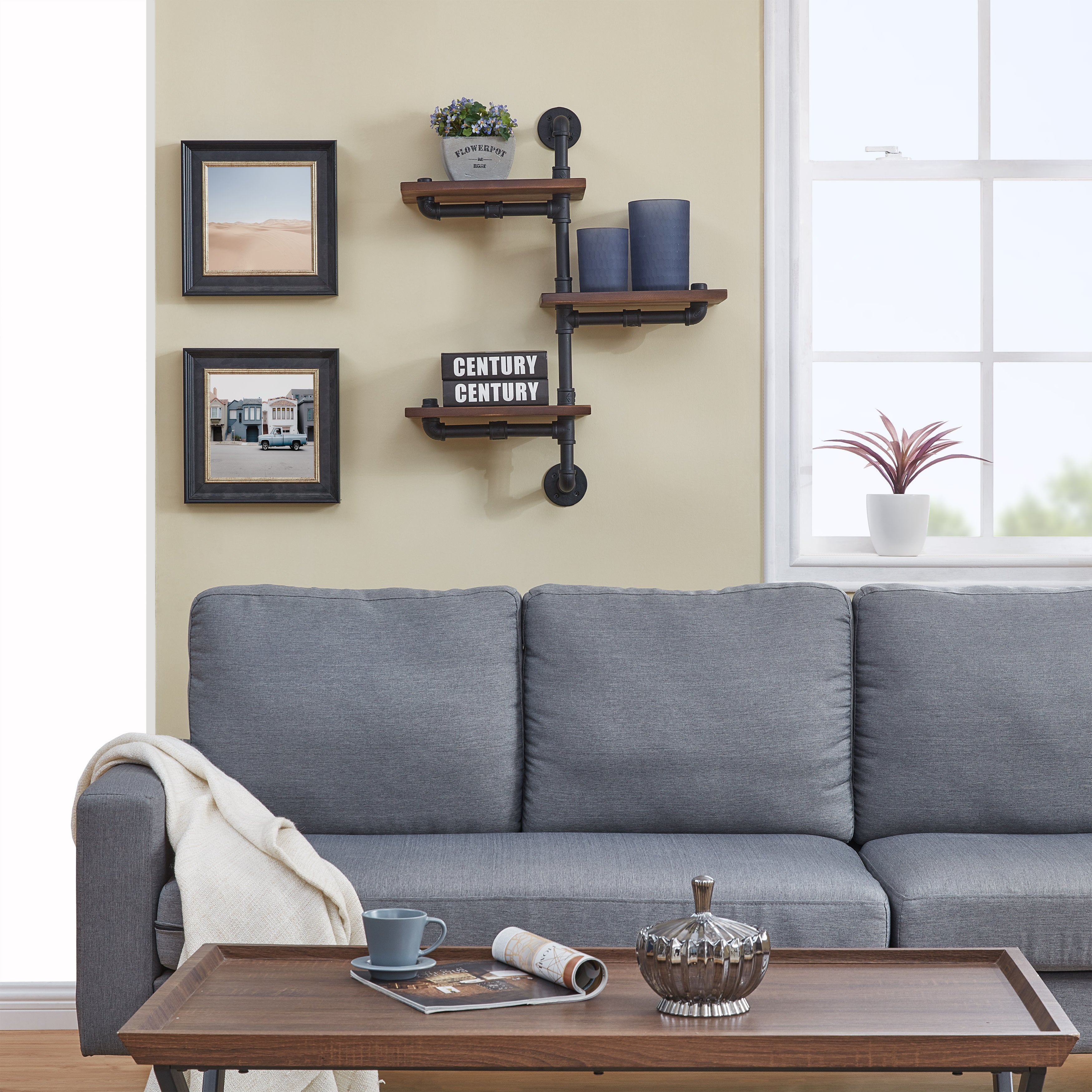 3-Tier Vertical Floating Staggered Industrial Rustic Pipe Wall Mount Shelving Unit