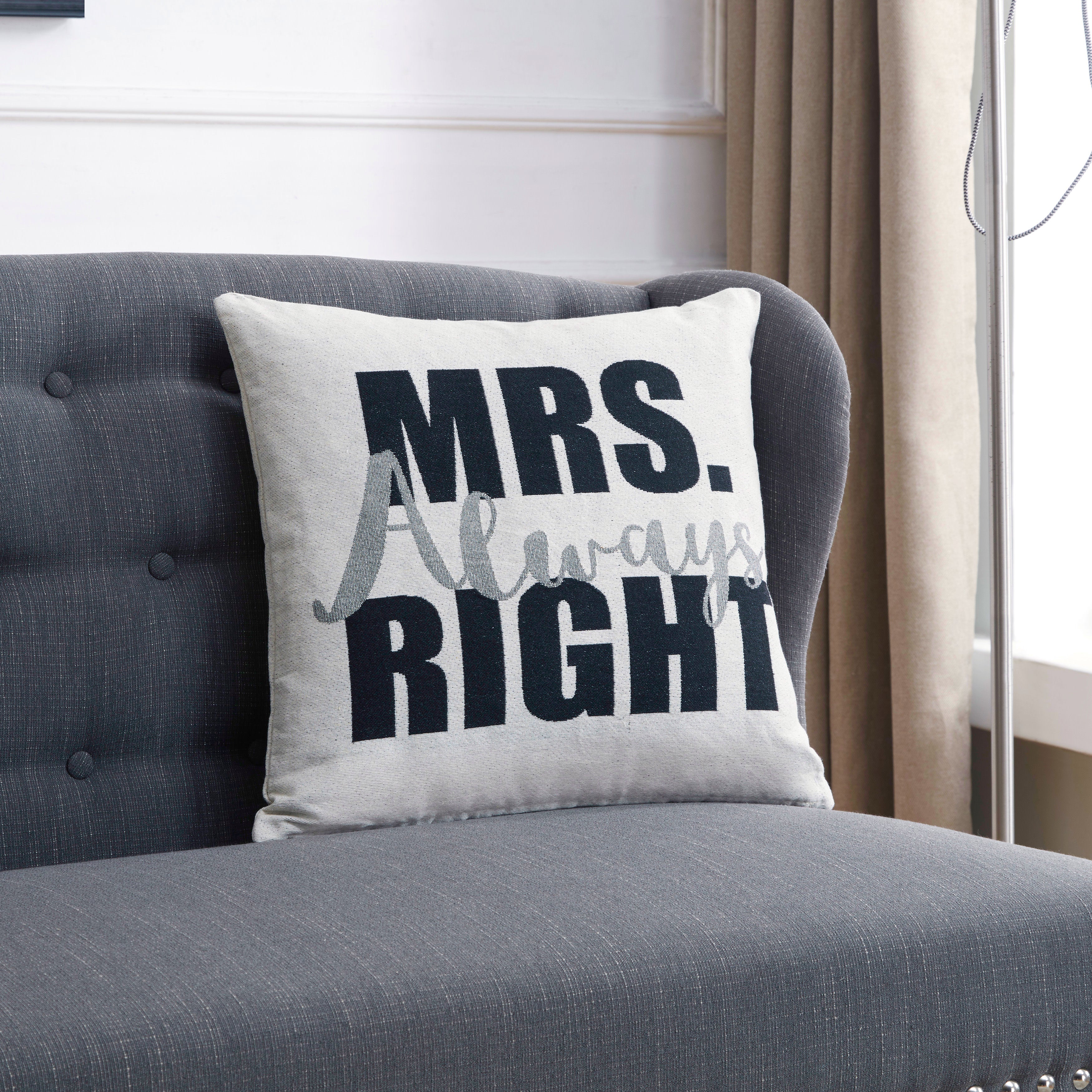 Mrs. Always Right White Cotton Jacquard Printed Decorative Toss Throw Accent Pillow