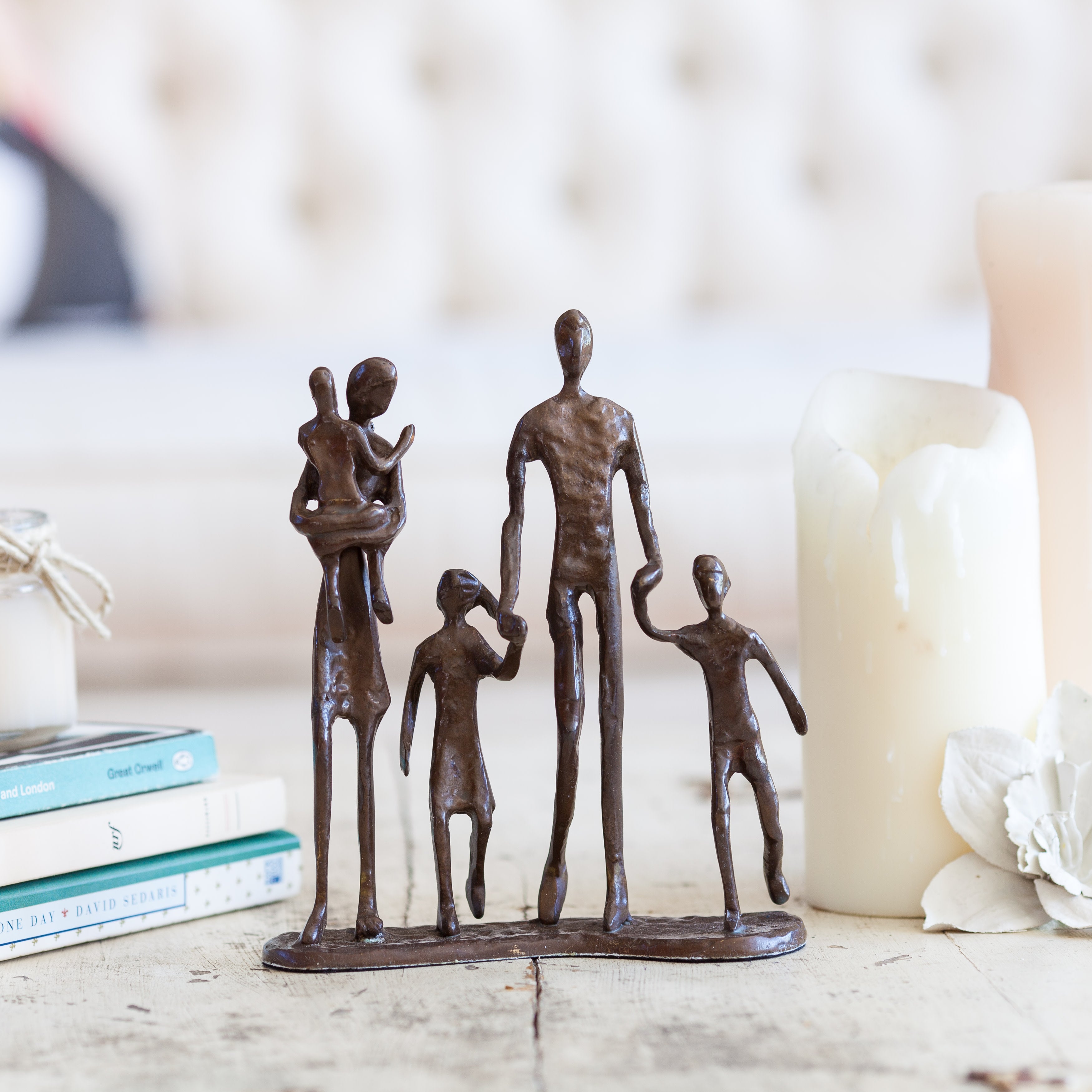 Family of Five Walking Bronze Sculpture