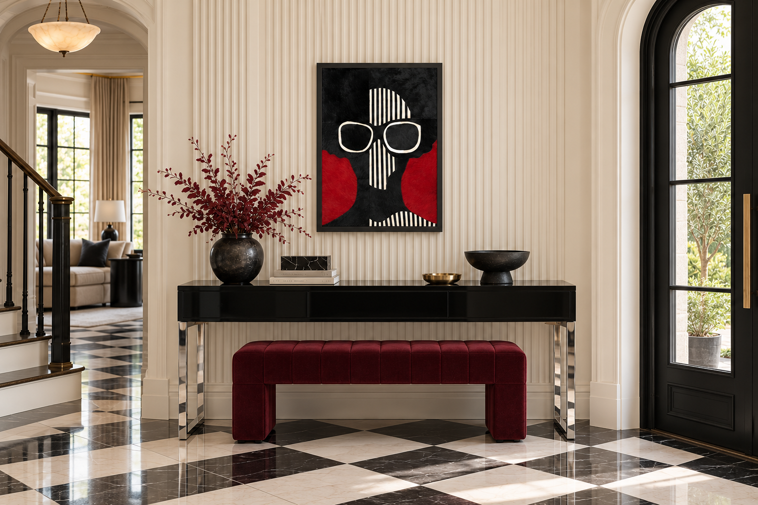 Black and White on Red Fashion Silhouette Textured Wall Art