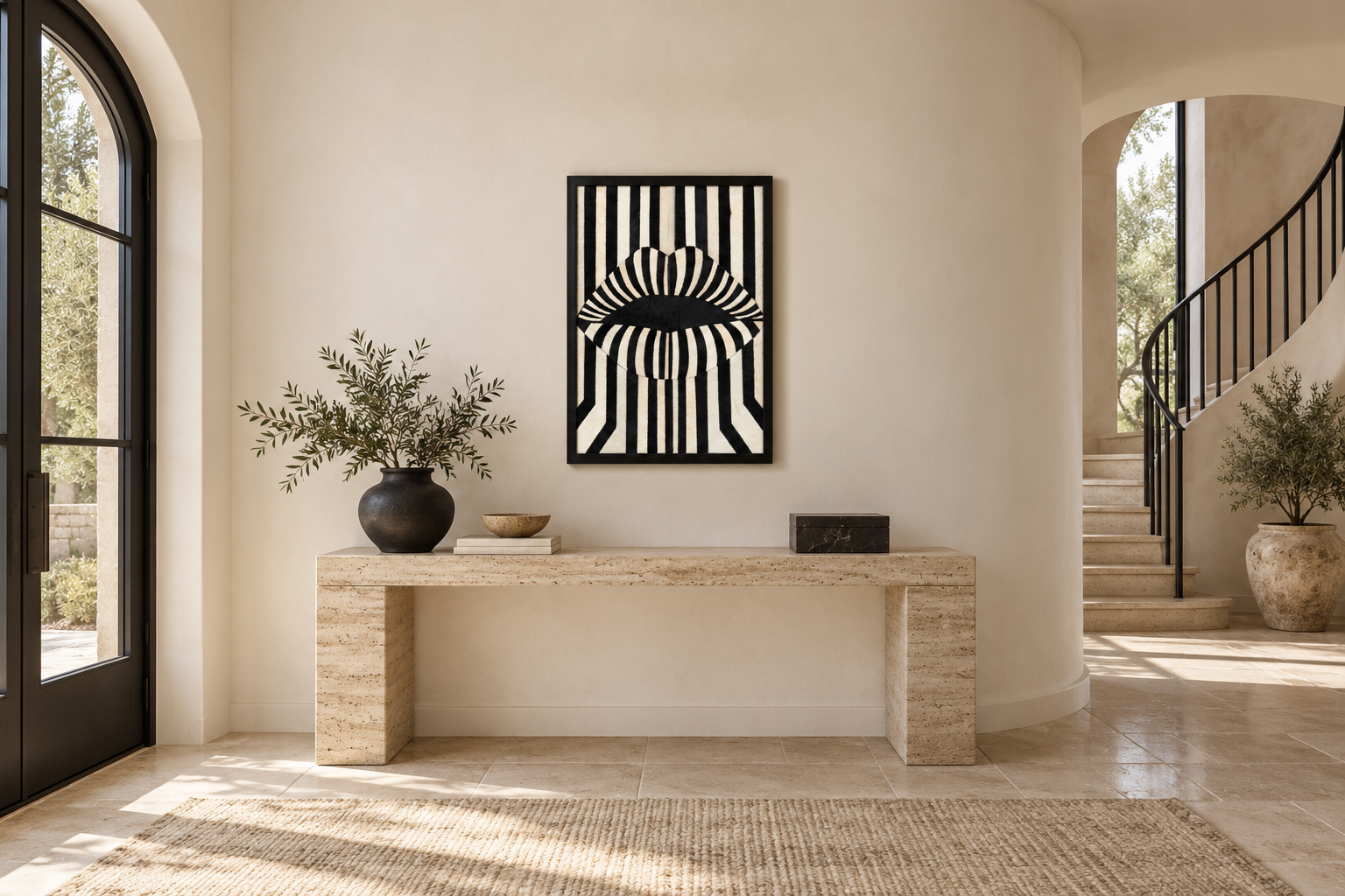 Pop Art Style Black and White Stripe Lips Textured Wall Art