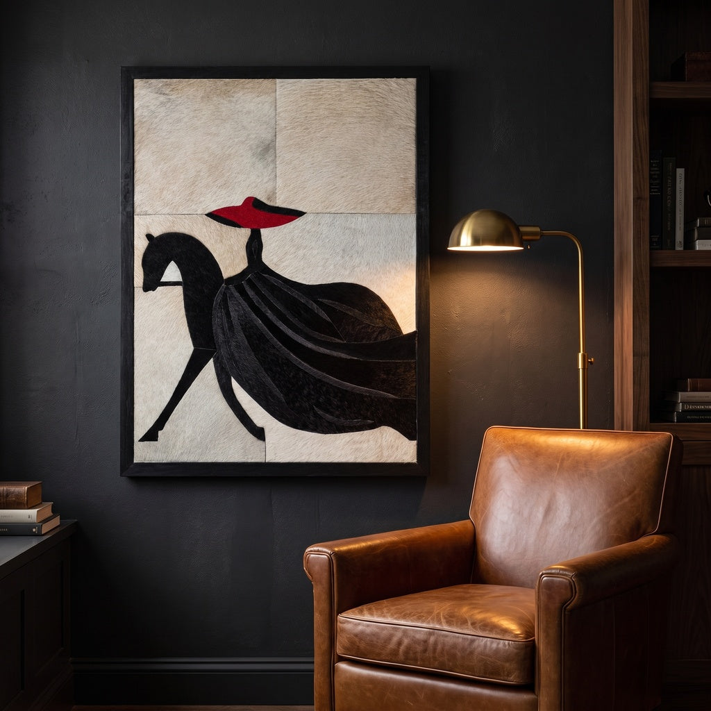 Red Black White Woman Riding Horse Textured Wall Art