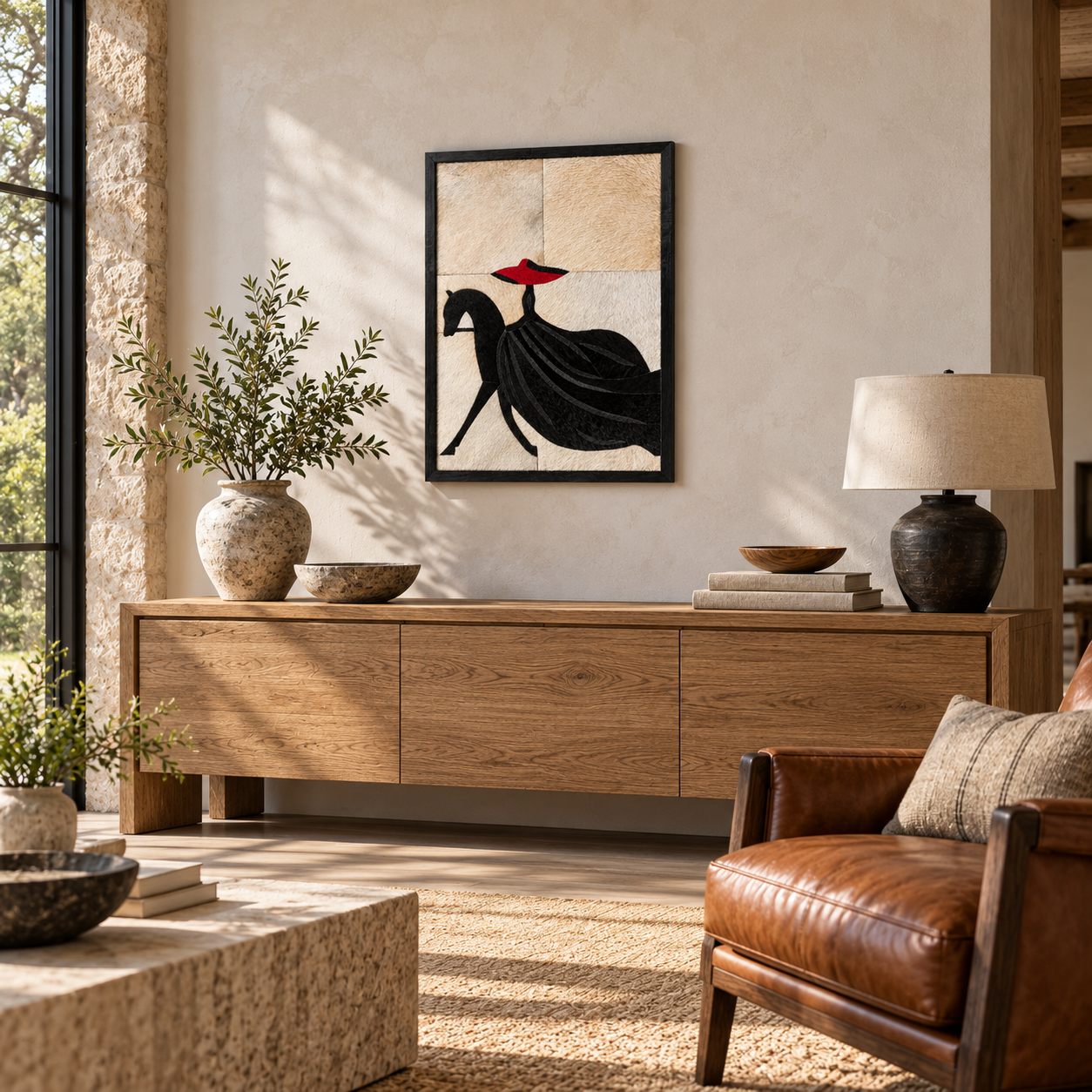 Red Black White Woman Riding Horse Textured Wall Art
