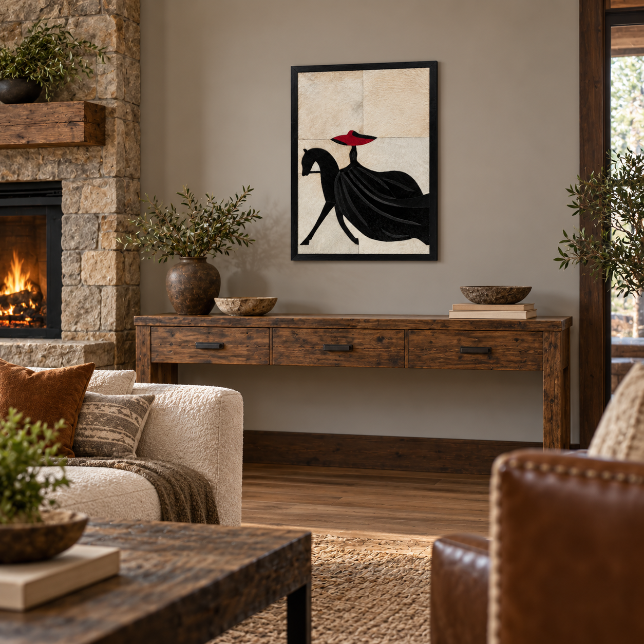 Red Black White Woman Riding Horse Textured Wall Art