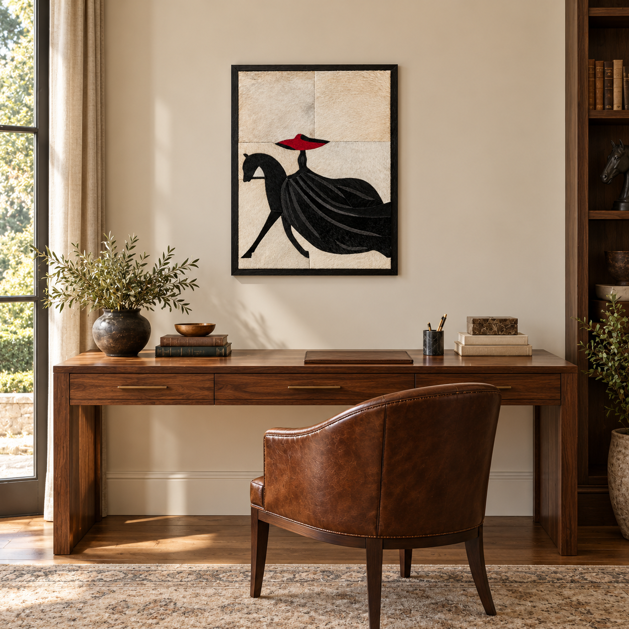 Red Black White Woman Riding Horse Textured Wall Art