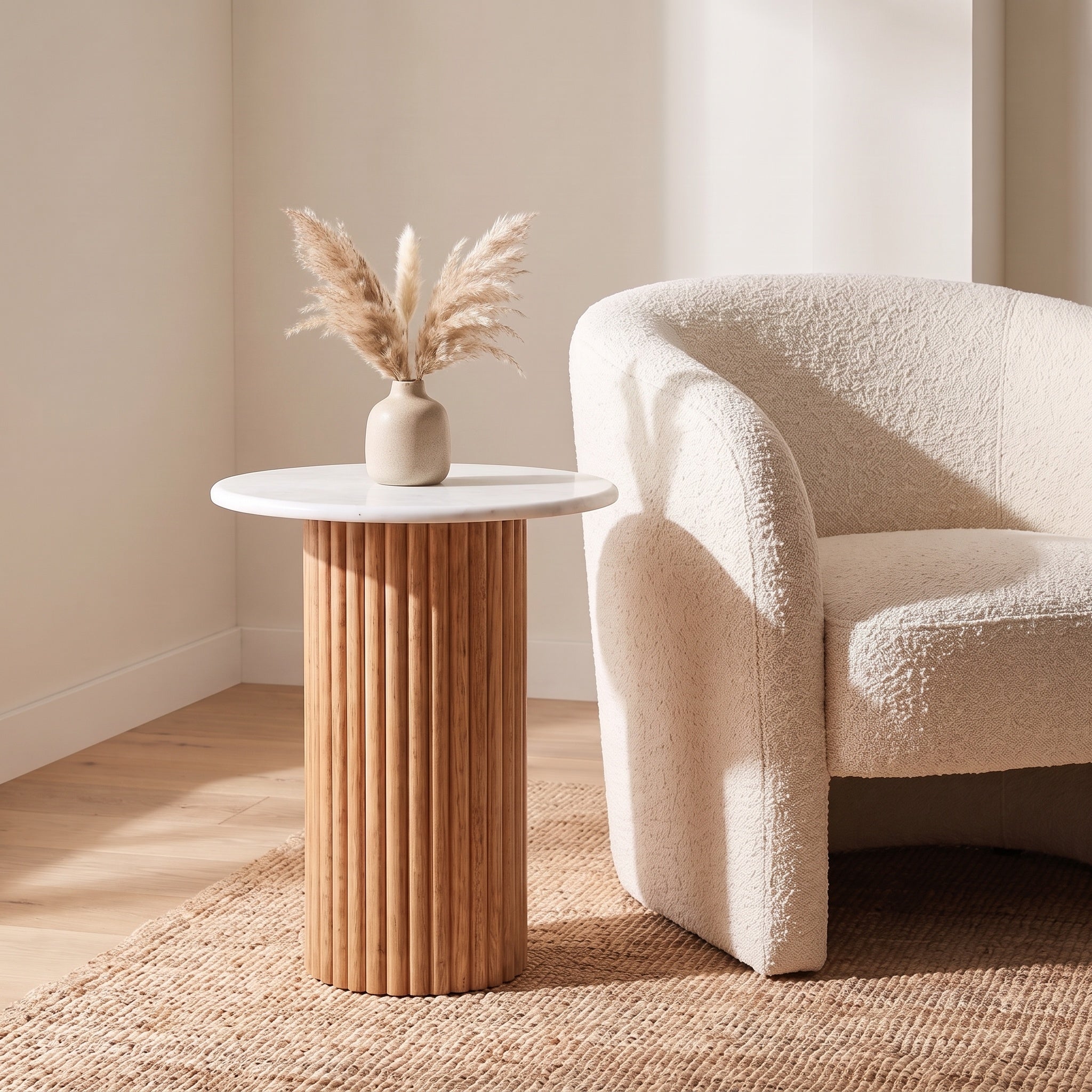 Round Marble Fluted Wood Cylinder Side Table