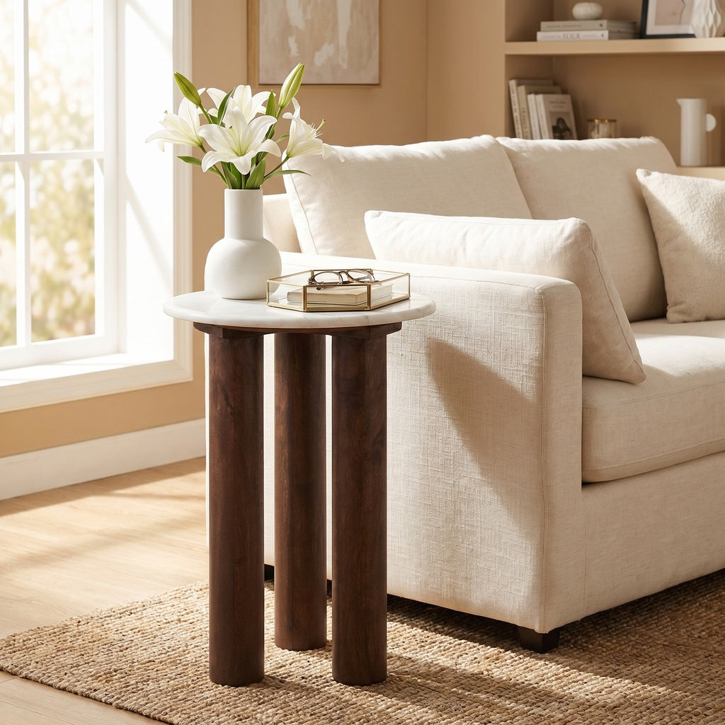 Marble Round Wood 3 Leg Side Table