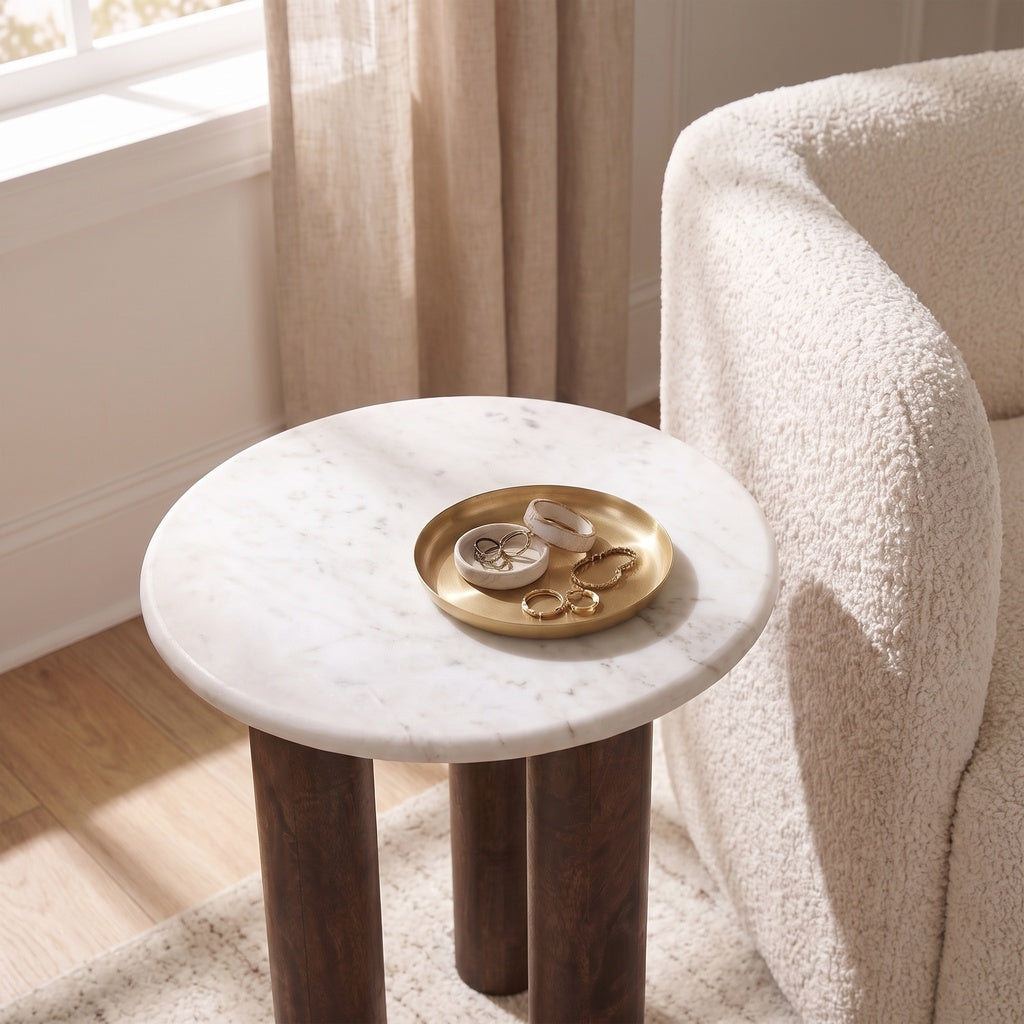 Marble Round Wood 3 Leg Side Table