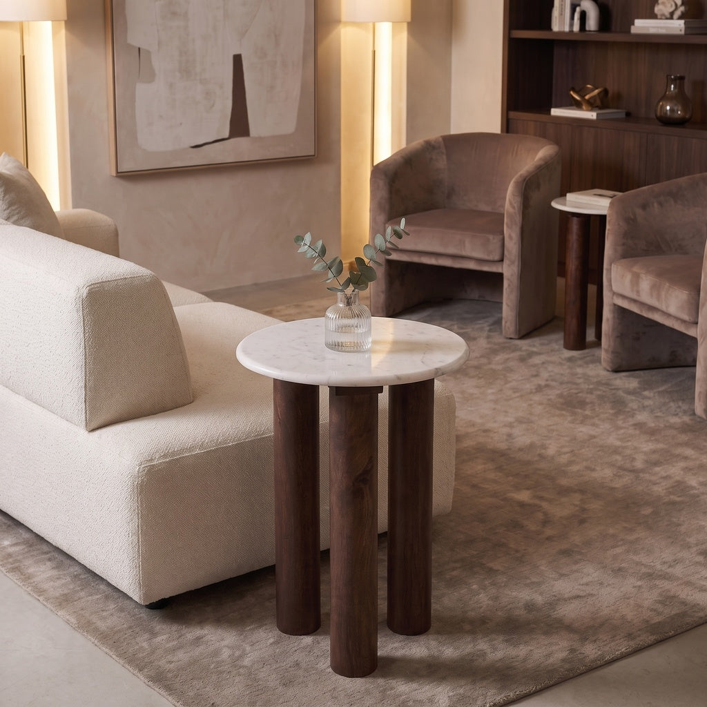 Marble Round Wood 3 Leg Side Table