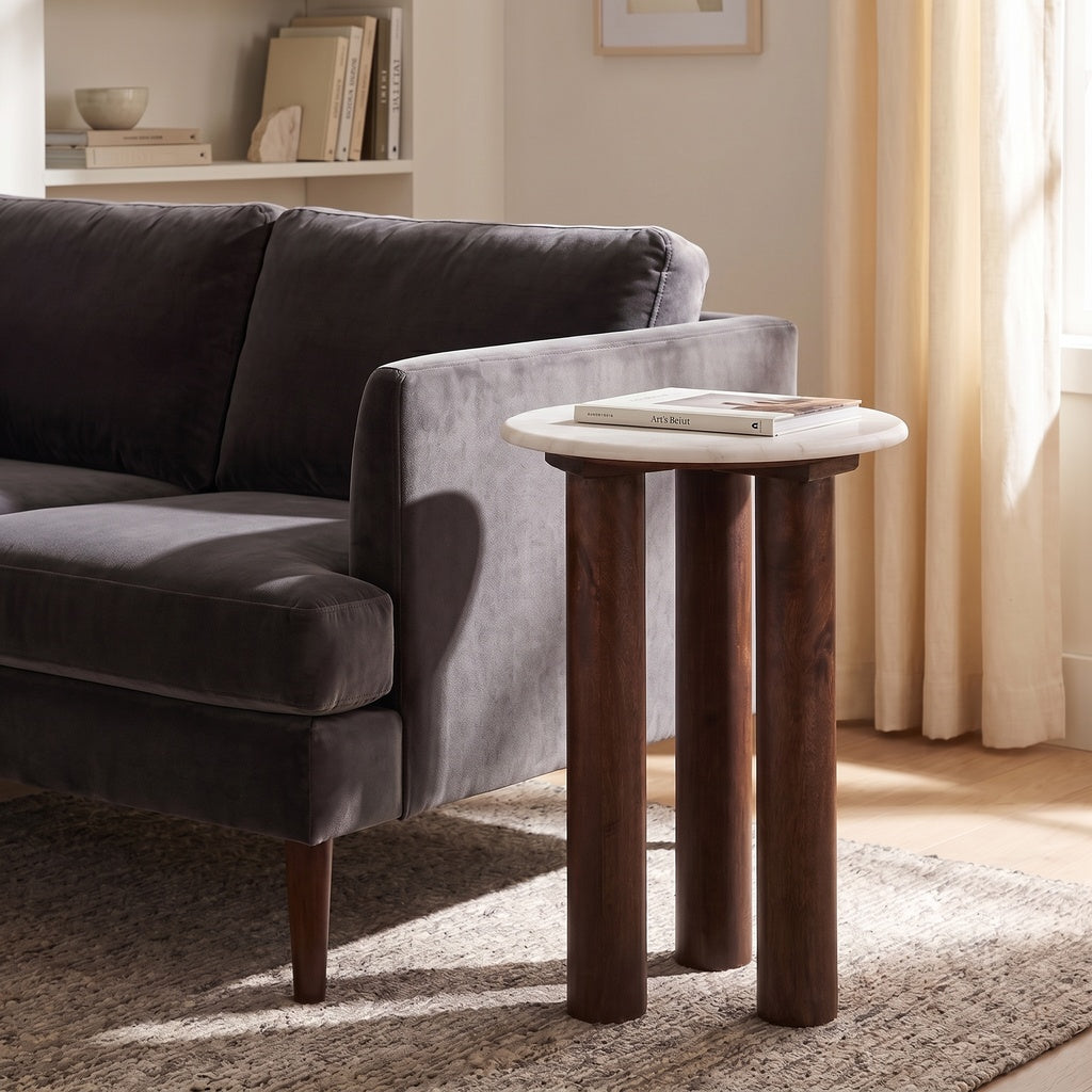 Marble Round Wood 3 Leg Side Table