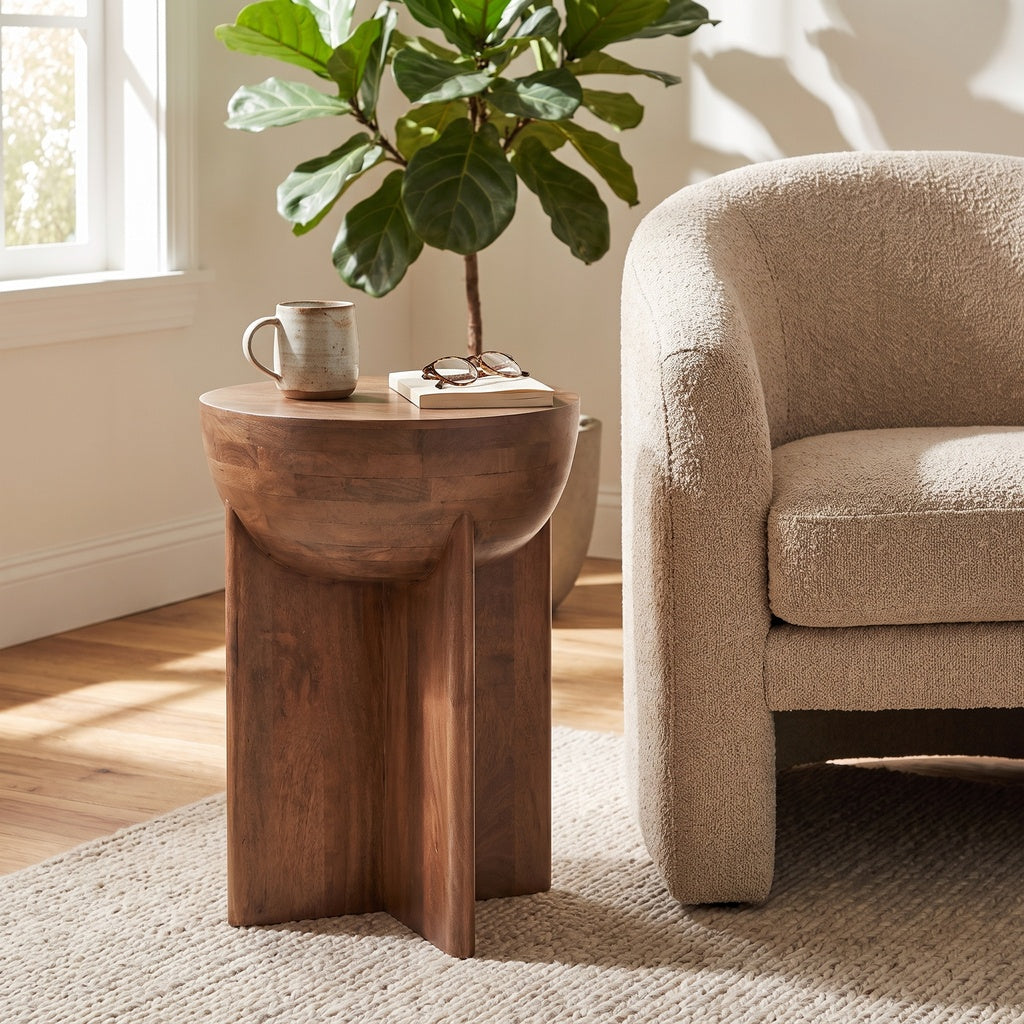 Round Sculptural Wood Side Table