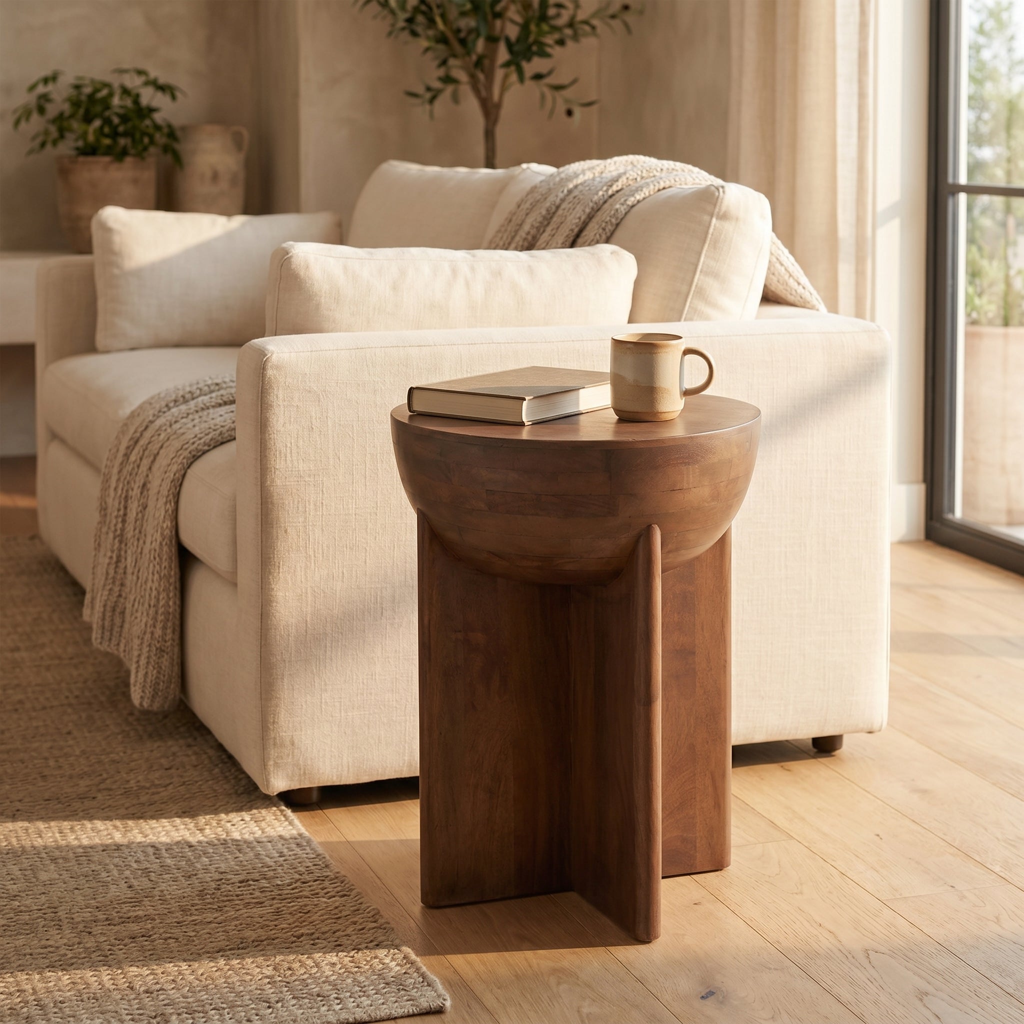 Round Sculptural Wood Side Table