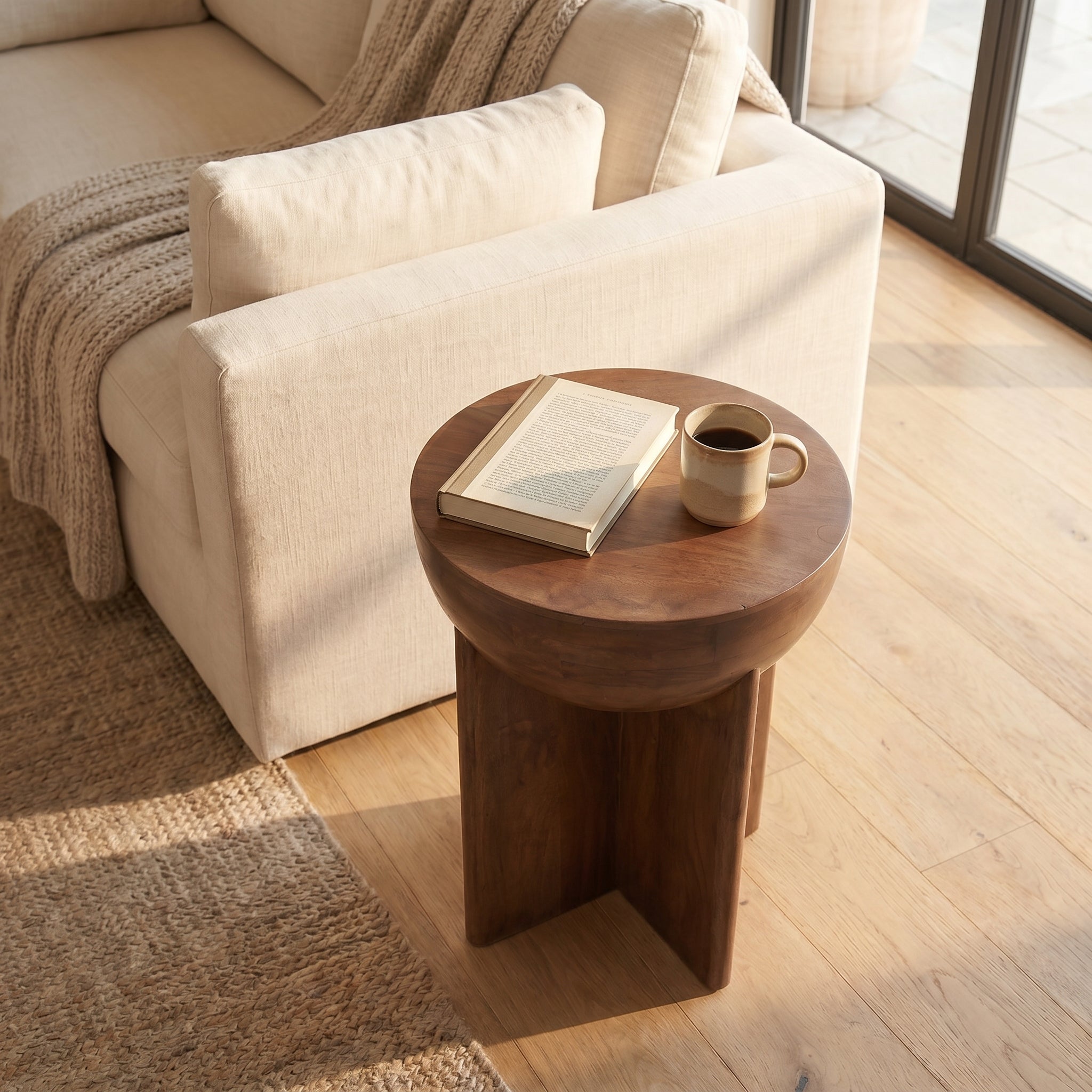 Round Sculptural Wood Side Table