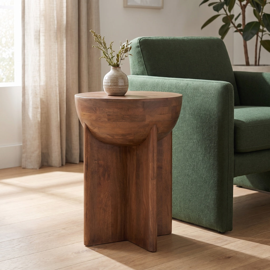 Round Sculptural Wood Side Table