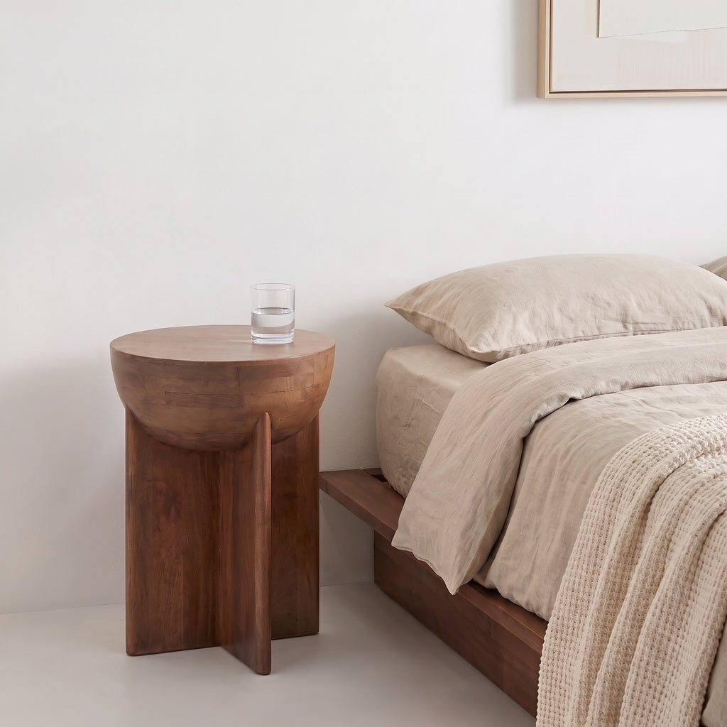 Round Sculptural Wood Side Table