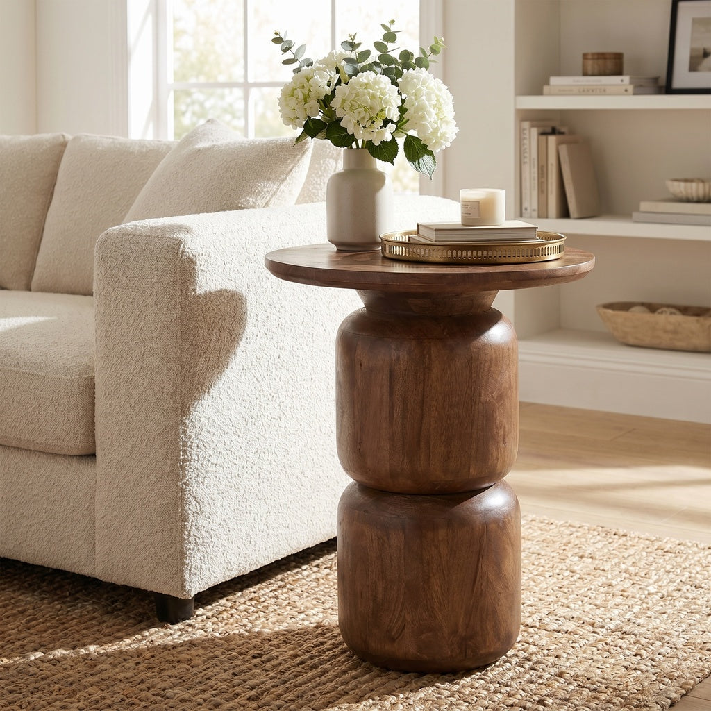 Round Stacked Wood Block Base Side Table