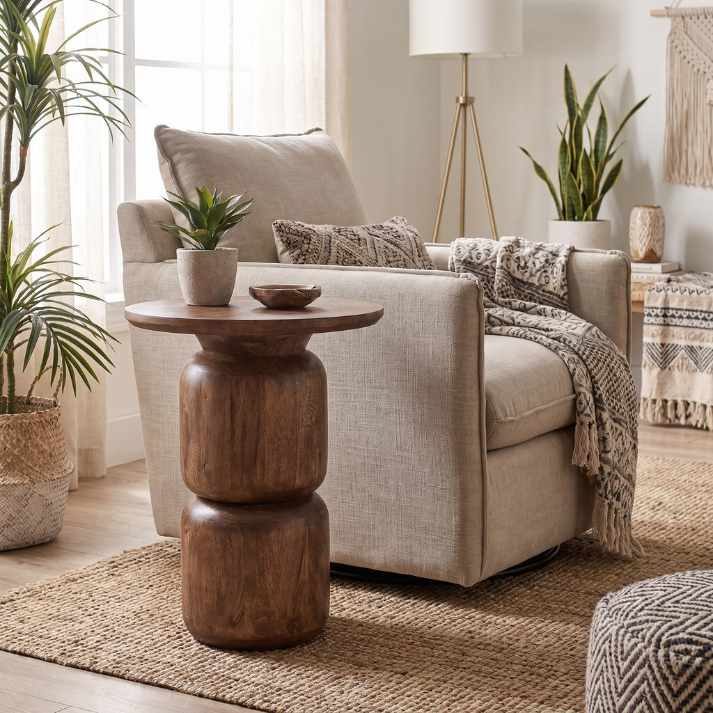 Round Stacked Wood Block Base Side Table