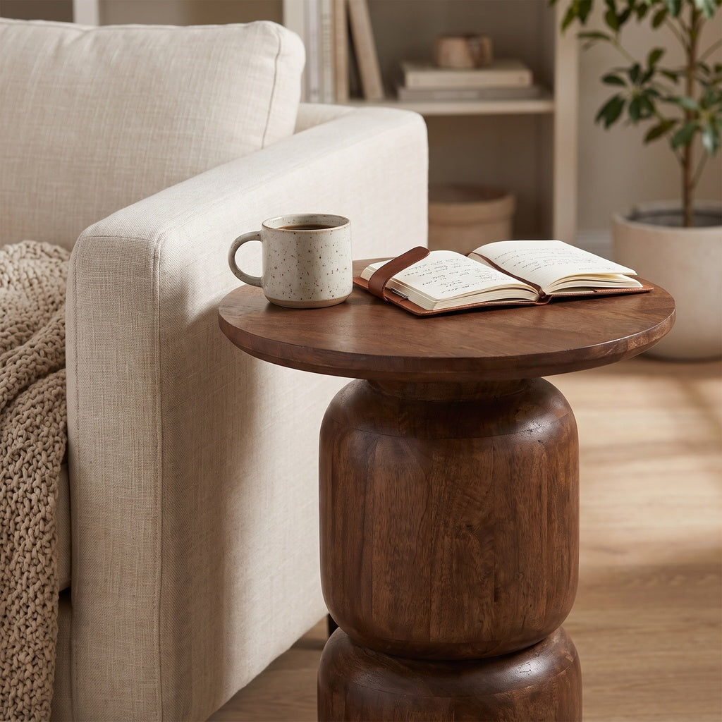Round Stacked Wood Block Base Side Table