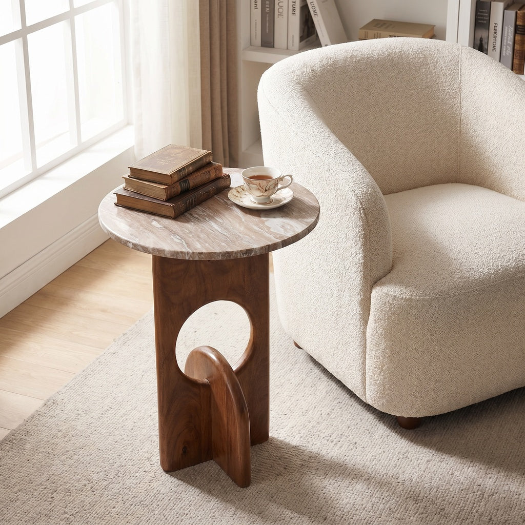 Sand Marble Wood Cutout Sculpture Base Side Table